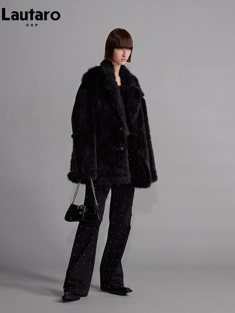 Luxury Women's Faux Sheepskin Coat - Soft Fluffy Jacket for Winter, Warm Thick Black Outerwear, Loose Fit Designer Coat | Perfect for Cold Weather, Casual Outings & Stylish Layering