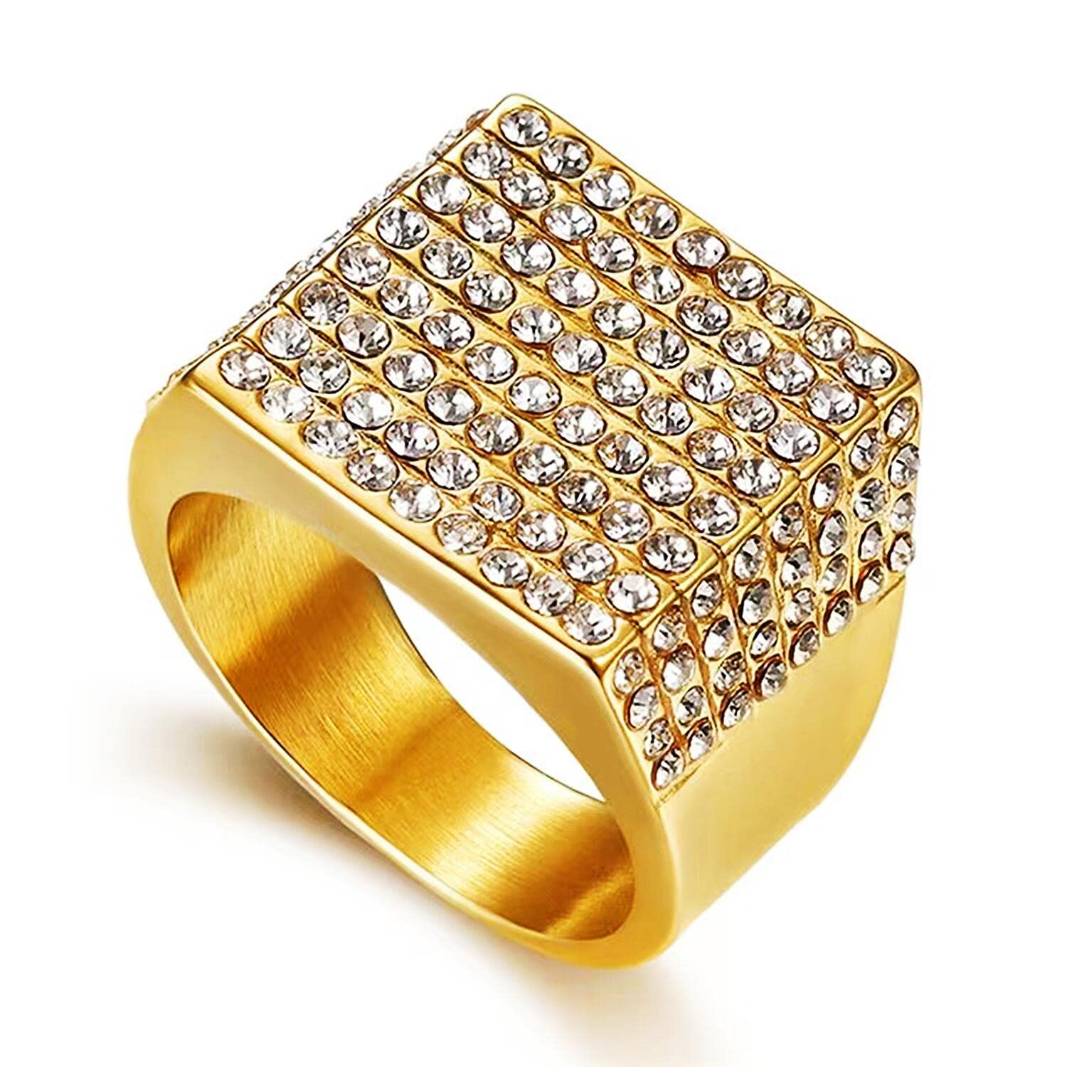 Luxury Iced Out Men's Ring - 316L Stainless Steel Gold Plated Square CZ Diamond Cuban Hip Hop Jewelry | Punk Biker Style Bling Ring for Men | Perfect for Parties, Weddings & Nightclub Events