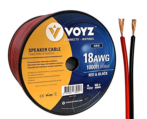 Premium VOYZ 18 AWG Oxygen-Free Copper Speaker Wire - 1000ft Black/Red PVC Insulated Cable for Solar Panels, Home Theater & Car Audio Systems - High Performance Sound Quality for Indoor/Outdoor Speaker Installations