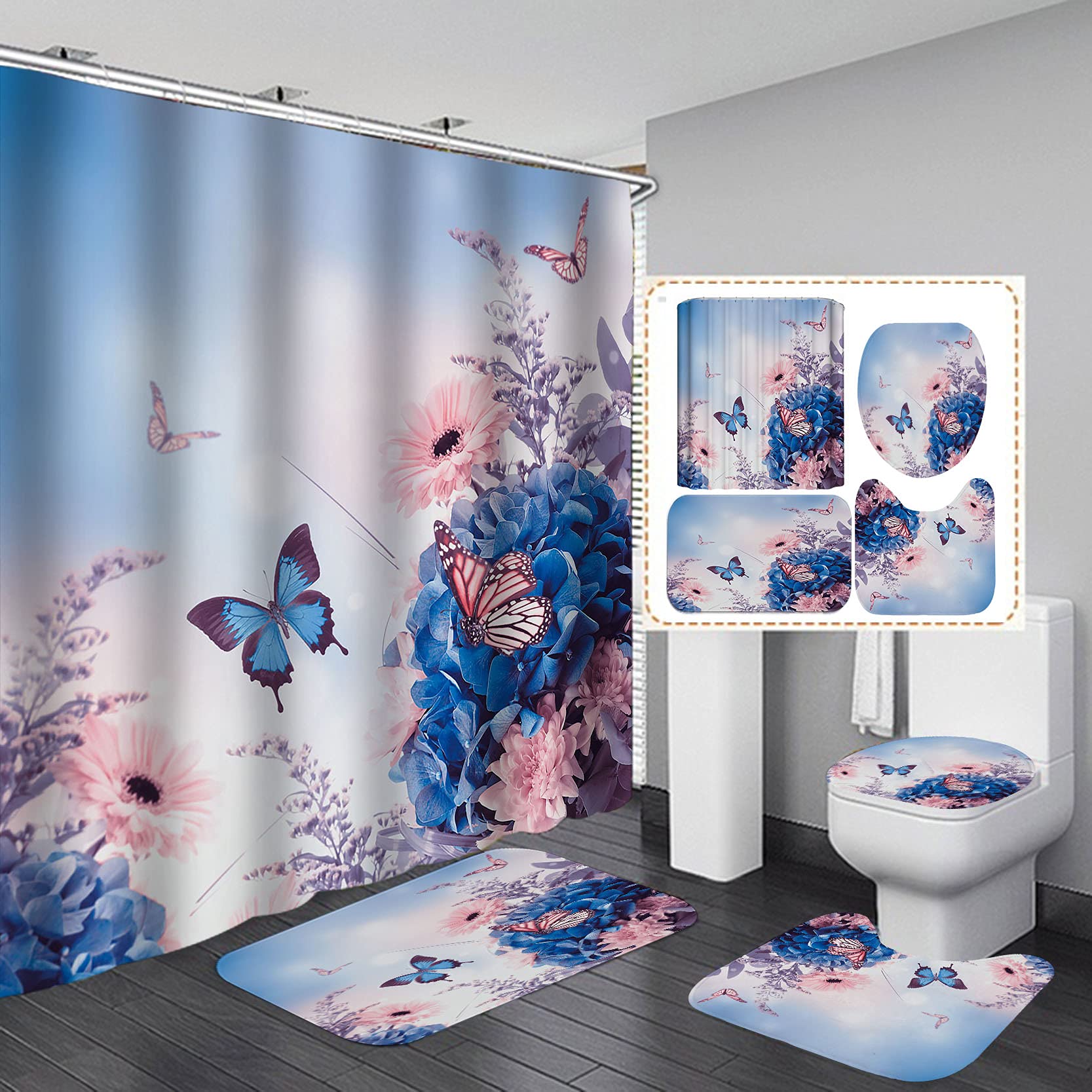 Camille&Andrew 4-Piece Fantasy Pink Blue Floral Butterfly Shower Curtain Set with Non-Slip Bath Rugs - Spring Blooming Hydrangea & Daisy Bathroom Decor for Women - Perfect for Romantic Elegant Bathroom Makeover & Gift Ideas