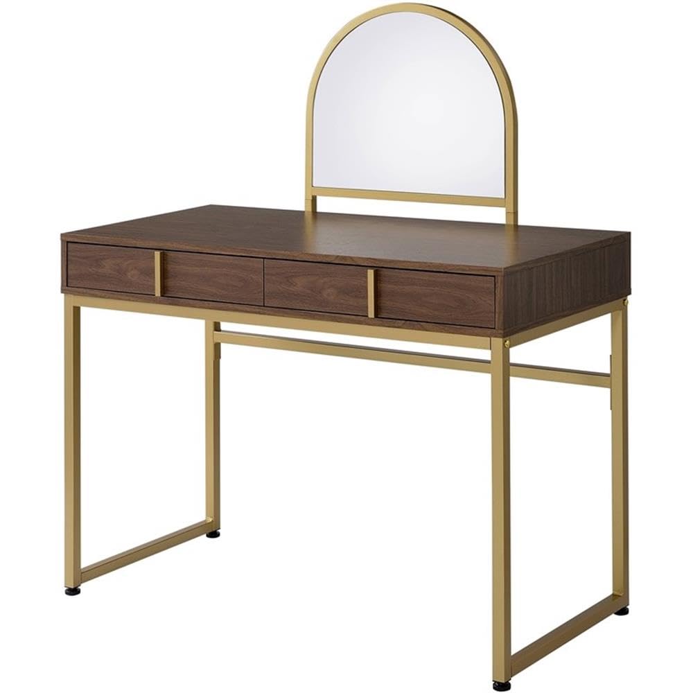 Acme Coleen Vanity Desk - Walnut & Gold Finish Modern Dressing Table with Mirror | Perfect for Bedroom Makeup & Skincare Routine