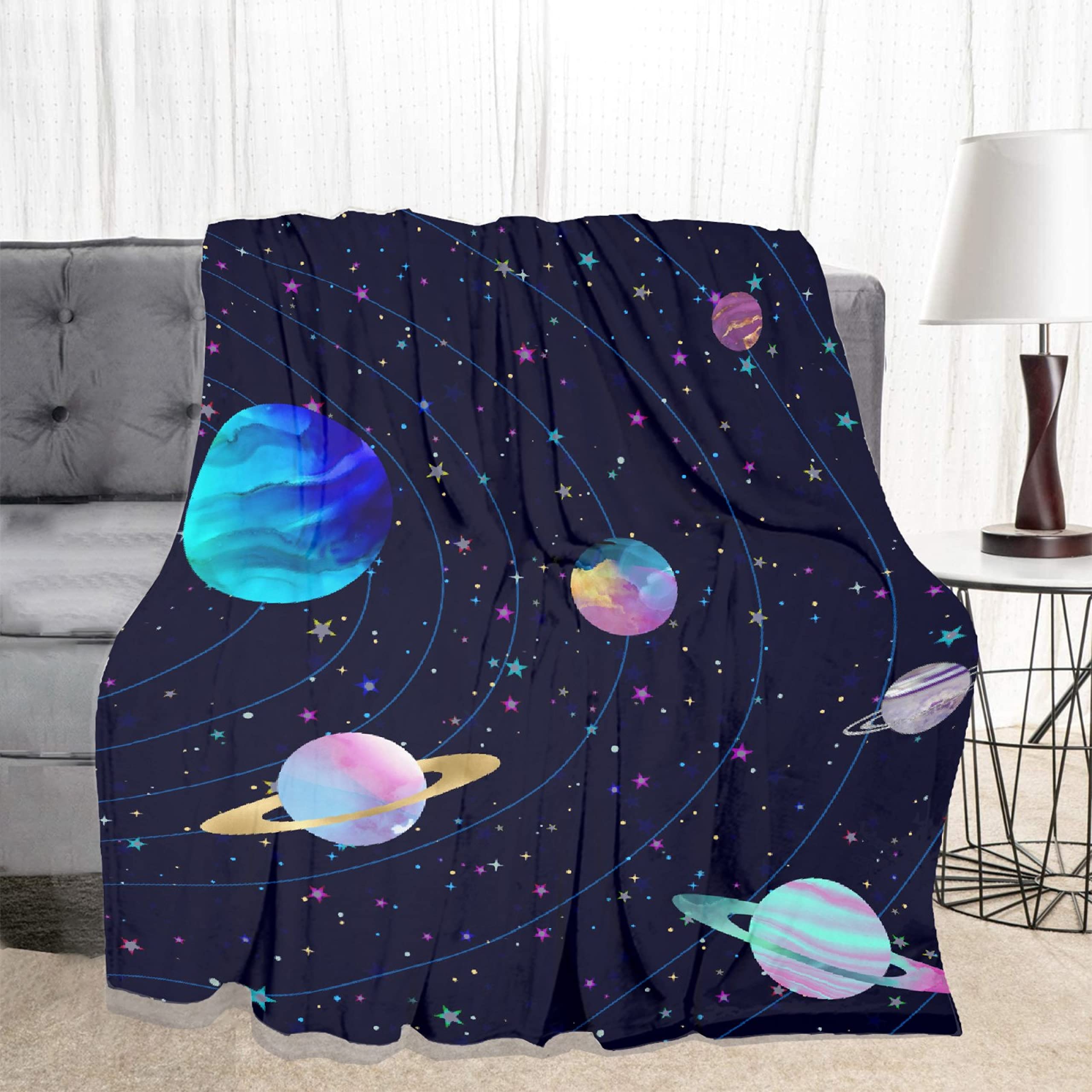 Solar System Galaxy Print Flannel Throw Blanket - 80x60 Inch Lightweight Soft Quilt for Sofa, Bed, Couch & Car - Space Themed Decorative Blanket for Adults, Women & Men - Perfect for Stargazing, Camping, Movie Nights & Cozy Home Decor