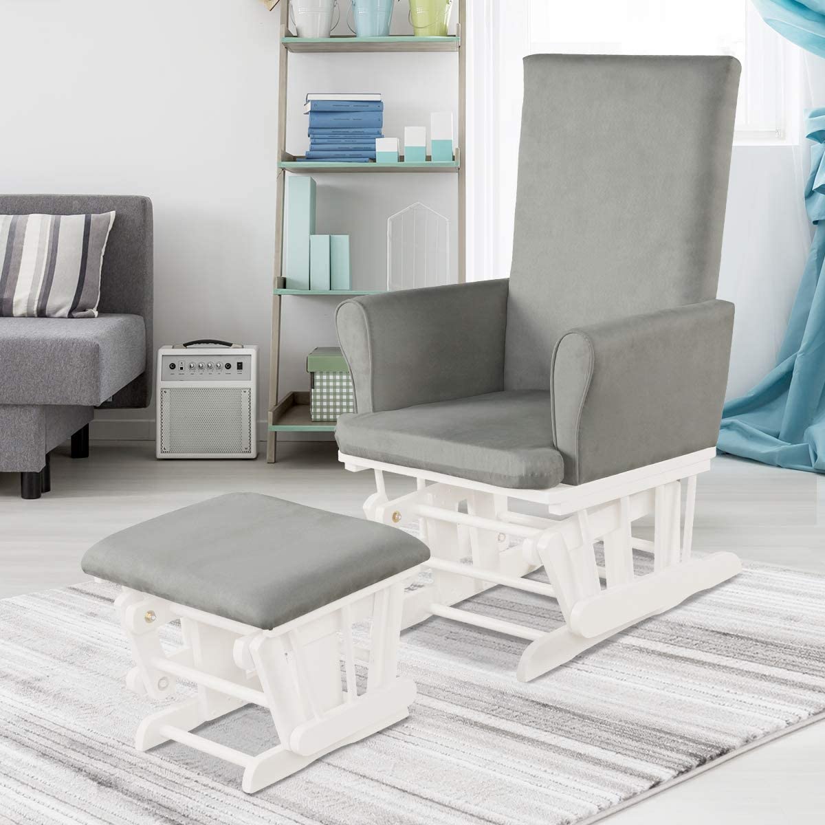 Costzon Baby Glider and Ottoman Set - Gray Upholstered Nursery Rocking Chair with Padded Armrests for Nursing, Napping & Reading | Comfortable Nursery Furniture for Baby's Room & Bedroom