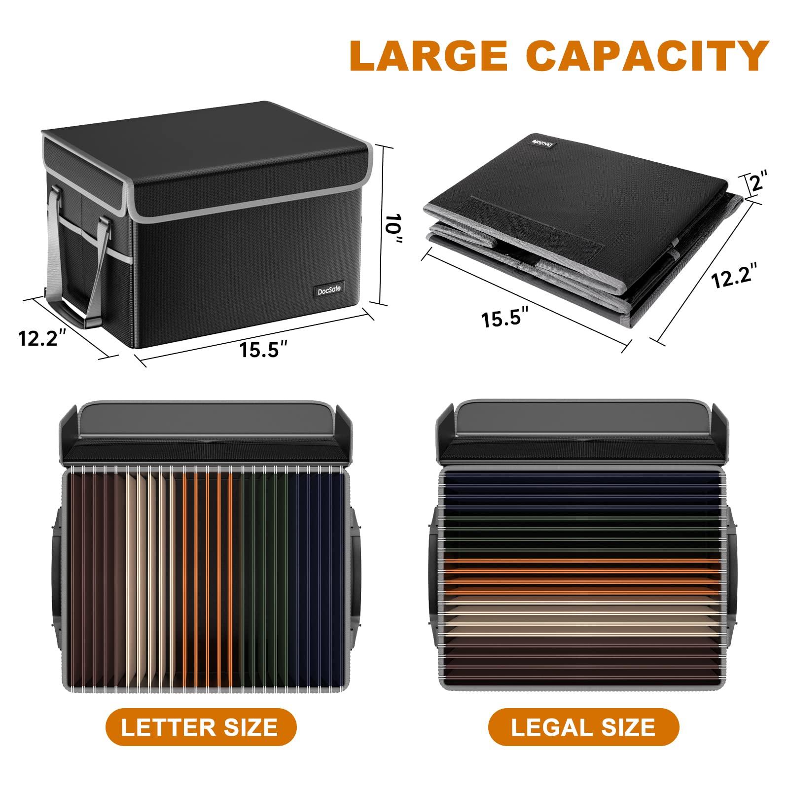 Fireproof Document Storage Box with Lid - Collapsible File Organizer for Hanging Letter/Legal Folders, Portable Home & Office Safe Filing Cabinet with Handle (Black) - Perfect for Important Paper Storage, Fire Protection & Office Organization