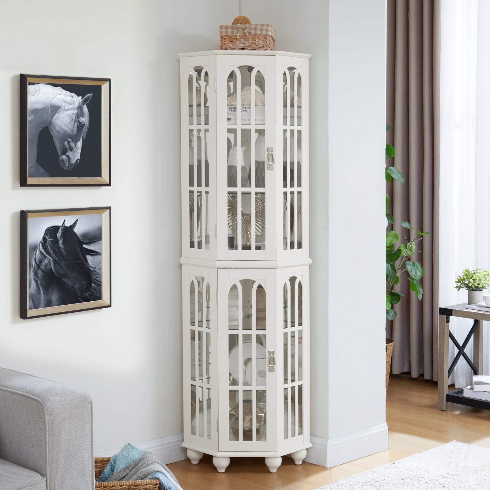 White Corner Curio Cabinet with 4 Adjustable Tempered Glass Shelves & LED Lighting - 3-Side Glass Display Cabinet with Acrylic Mirrored Back Panel - Perfect for Living Room, Dining Room, or Office Décor
