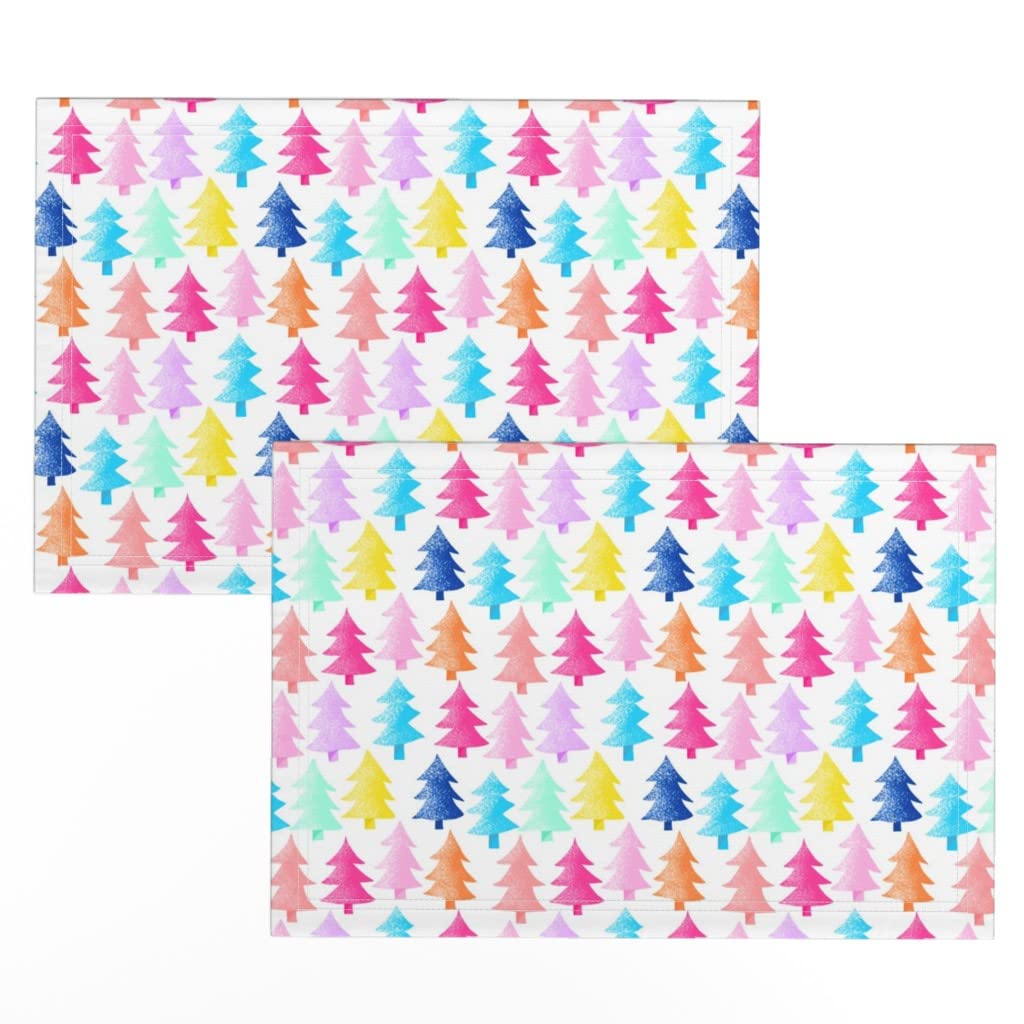 Premium Linen Cotton Canvas Placemats Set of 2 - Festive Rainbow Christmas Tree Winter Snow Design | Eco-Friendly Table Decor for Holiday Dining, Kitchen & Party Settings