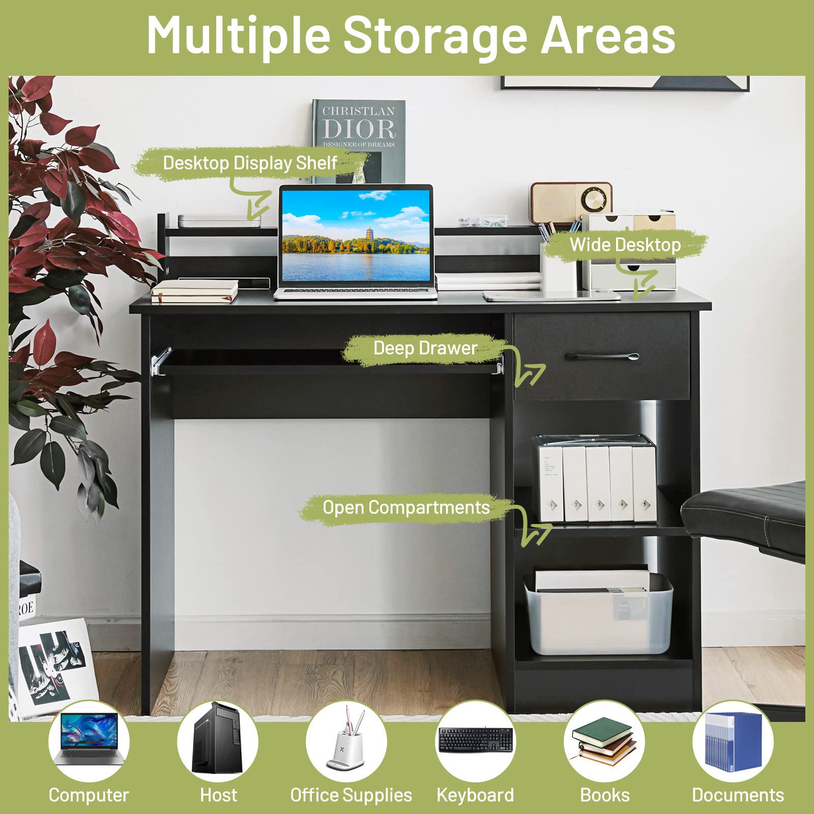 GORELAX Wooden Computer Desk with Hutch - Sturdy PC Gaming Desk with Drawers, Open Shelves, Keyboard Tray & Monitor Stand - Compact Study Desk for Bedroom, Small Home Office & Dorm Room (Black) - Perfect for Gamers, Students & Remote Workers in Small Spaces