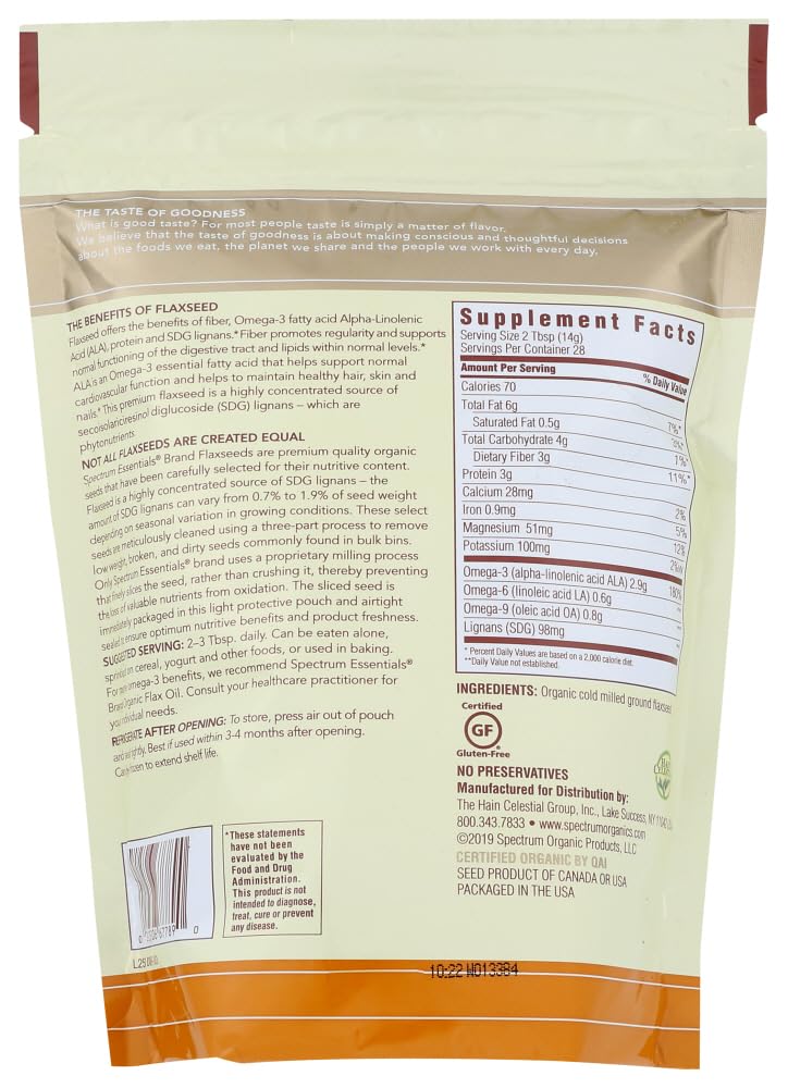Organic Ground Flaxseed 14oz by Spectrum Essentials - Rich in Omega-3 & Fiber for Smoothies, Baking & Healthy Recipes | USDA Certified, Non-GMO, Gluten-Free