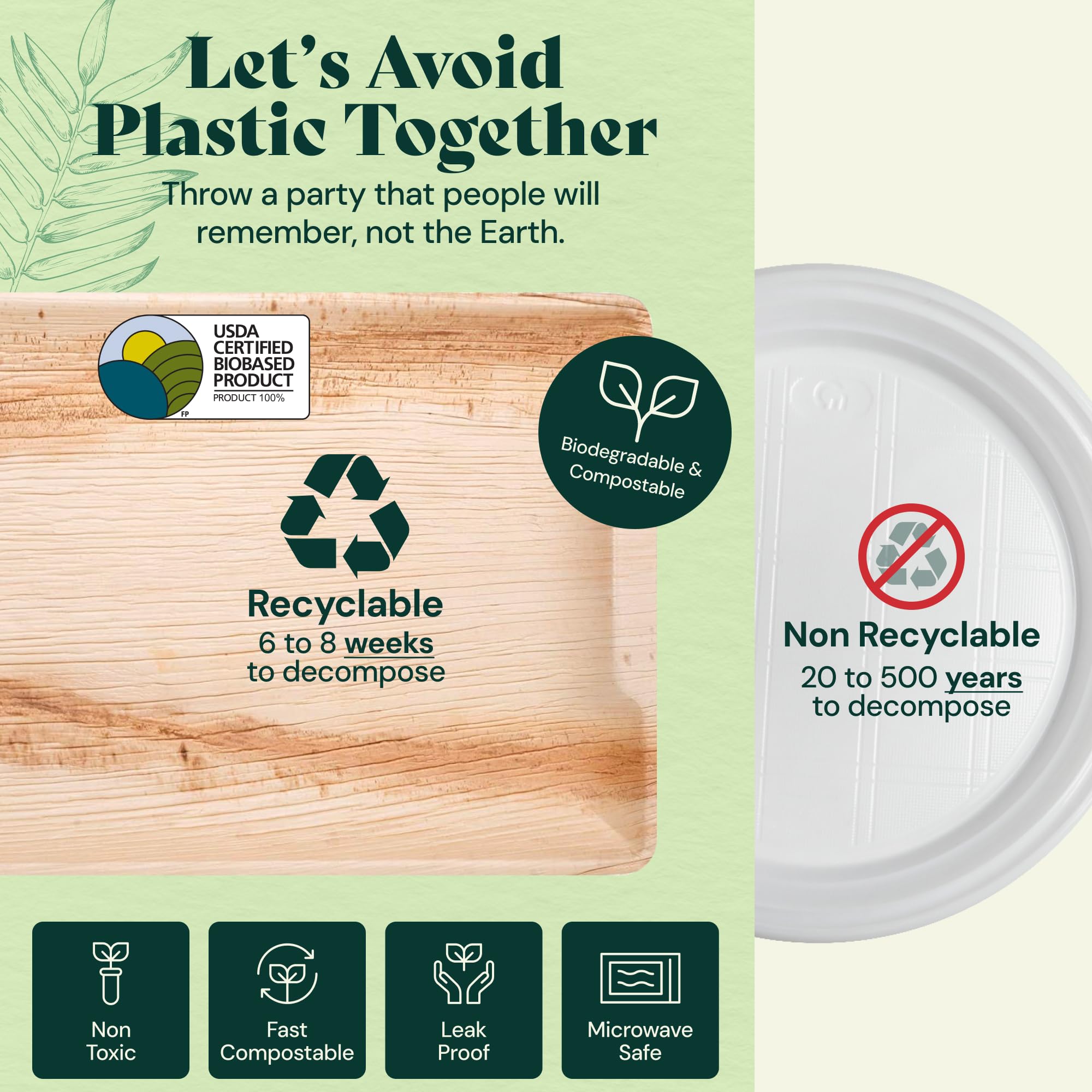 Eco-Friendly 20-Pack Compostable Palm Leaf Serving Trays - 14