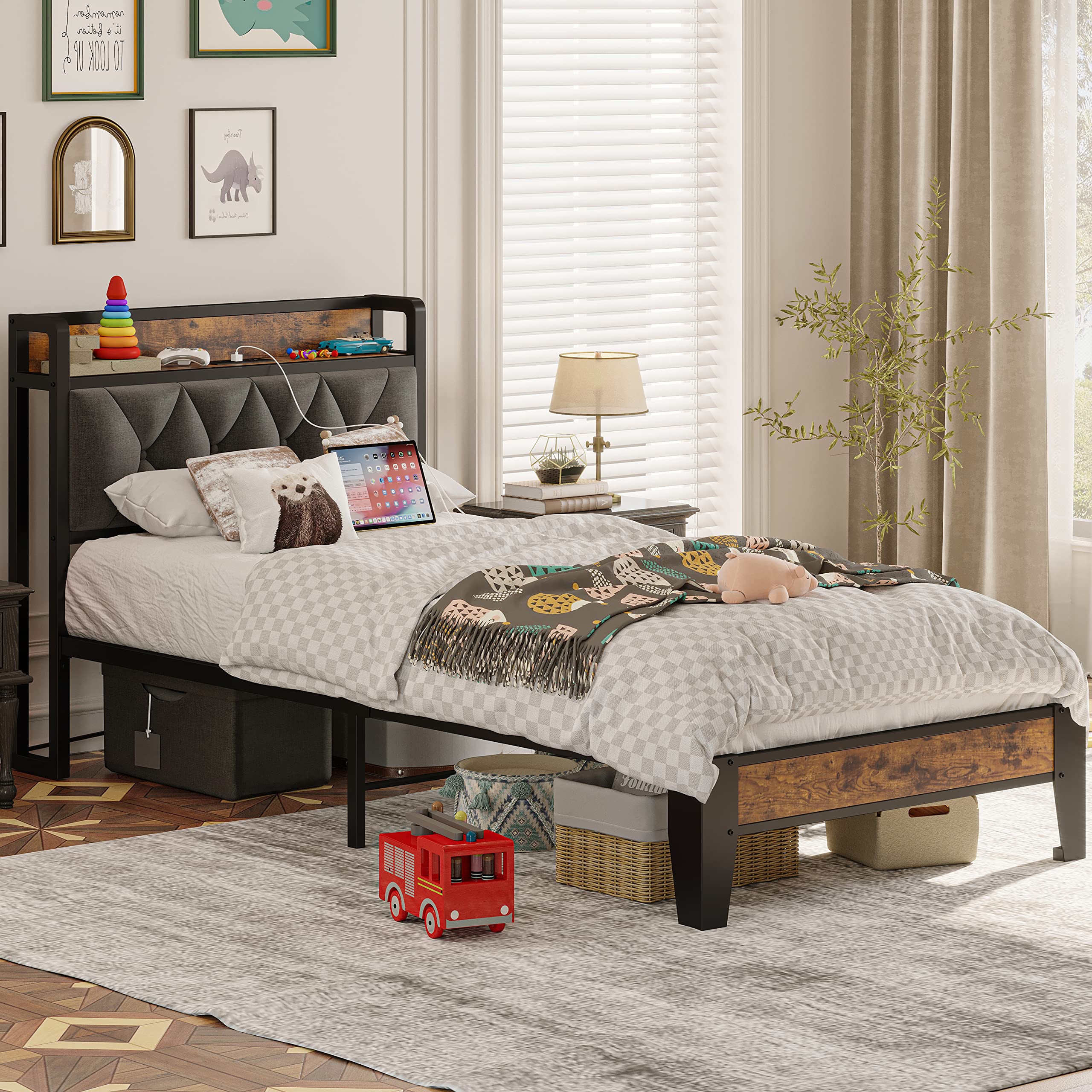 ANCTOR Twin Bed Frame with Storage Headboard & USB Outlets - Easy Assembly, Sturdy Metal Platform Bed, Quiet & No Box Spring Needed - Ideal for Small Bedrooms, Guest Rooms & College Dorms