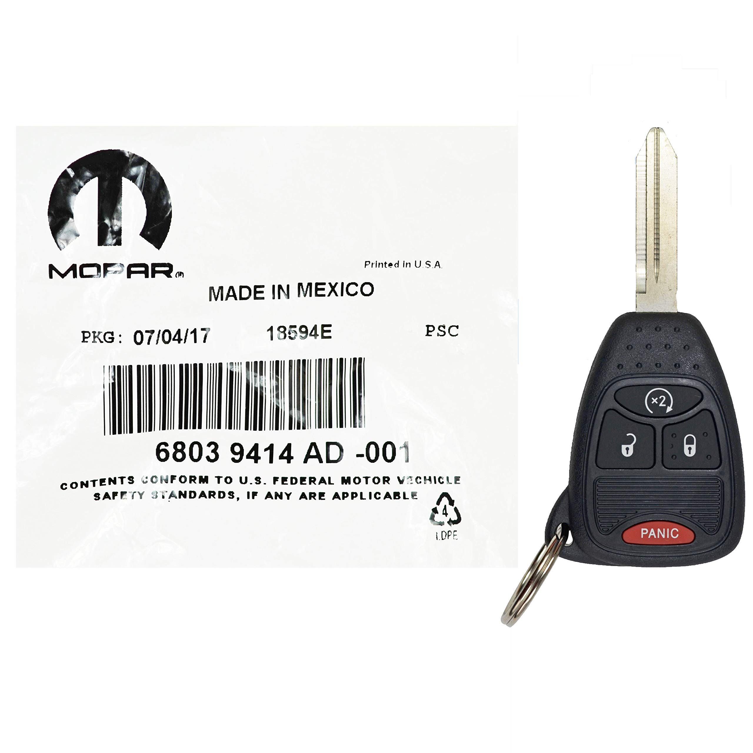 Mopar 68039414AC Key Blank with Transmitter - Replacement Car Key Fob for Dodge, Chrysler, Jeep - Perfect for Lost or Spare Keys