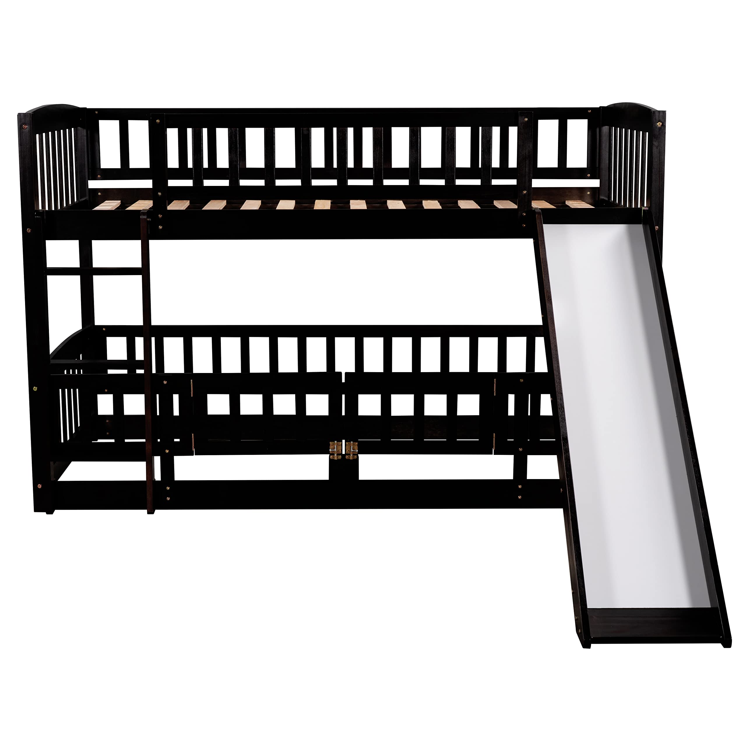 Harper & Bright Designs Twin Over Twin Low Bunk Bed with Slide, Safety Fence & Ladder - Space-Saving Kids Bunk Bed for Boys & Girls (Espresso Finish) - Perfect for Small Bedrooms, Playrooms & Shared Kids' Rooms