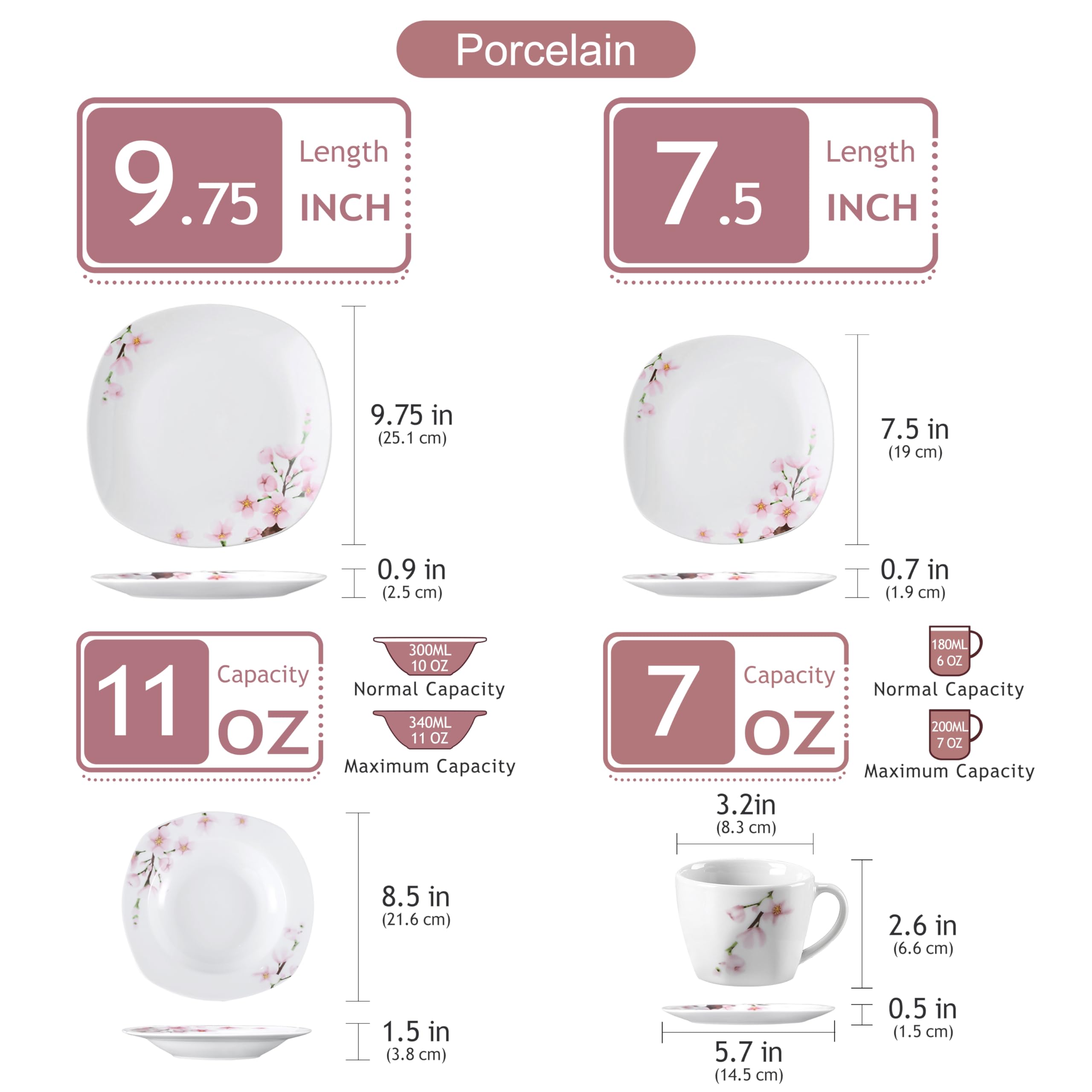VEWEET Annie Series 30-Piece Porcelain Dinnerware Set for 6 - Elegant White with Pink Floral Design, Includes Dinner Plates, Dessert Plates, Soup Bowls, Cups & Saucers - Perfect for Family Dinners, Bridal Showers & Formal Dining