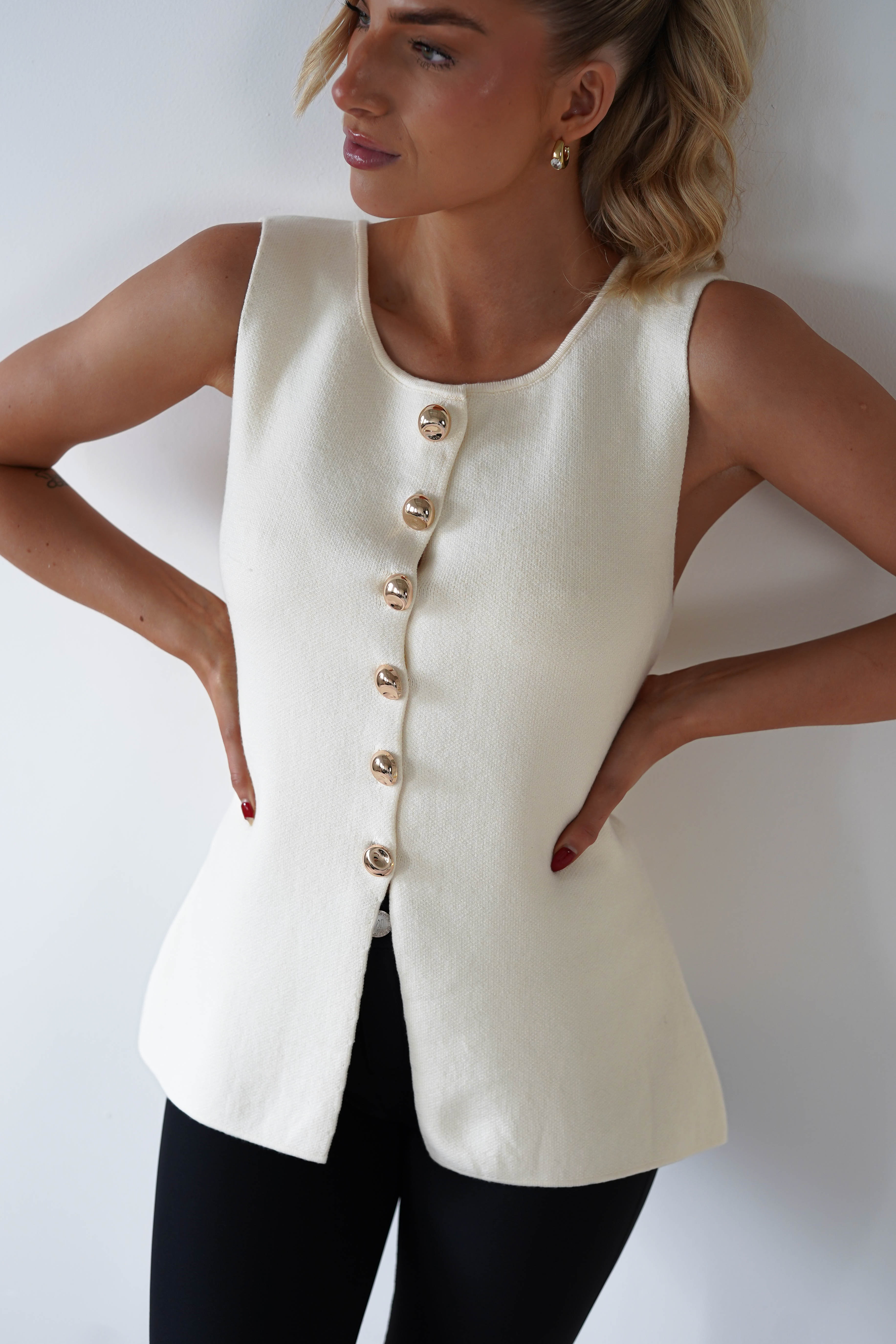 Louella Gold Button Waistcoat Top for Women - Cream Blouse with Elegant Details | Perfect for Office Wear, Cocktail Parties & Formal Events