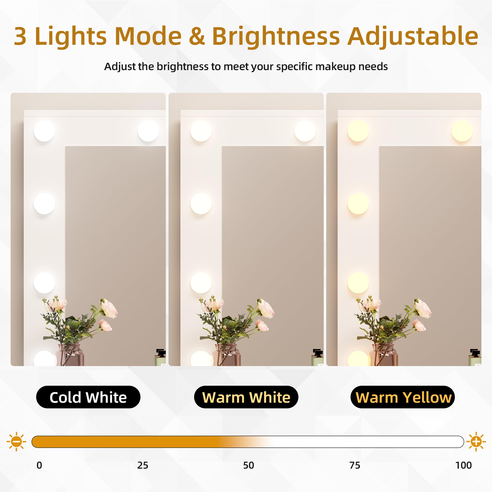 YESHOMY Vanity Desk with Mirror & Adjustable LED Lights - Makeup Dressing Table with 11 Brightness Settings, 3 Color Modes, 2 Spacious Drawers & Soft-Padded Stool - Perfect for Bedroom, Dorm, Beauty Salon (White)