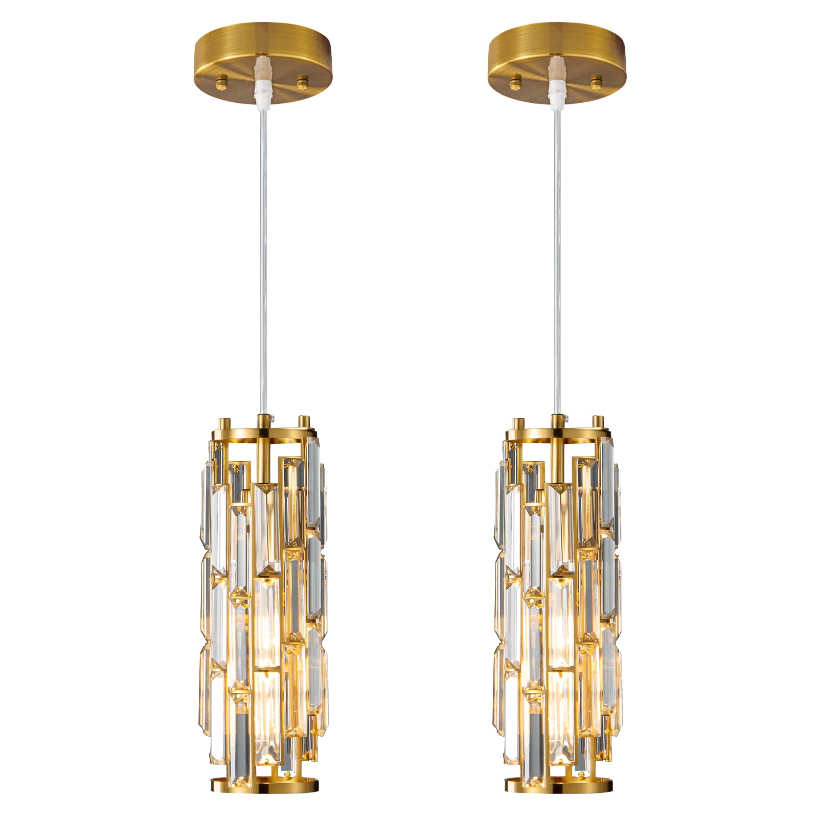 Modern Gold Pendant Lights with Mini Crystal Chandelier - 2-Pack, Elegant Kitchen Island Lighting, Dining Room & Bedroom Ceiling Fixture, Perfect for Sink Area & Home Decor (Gold Finish)