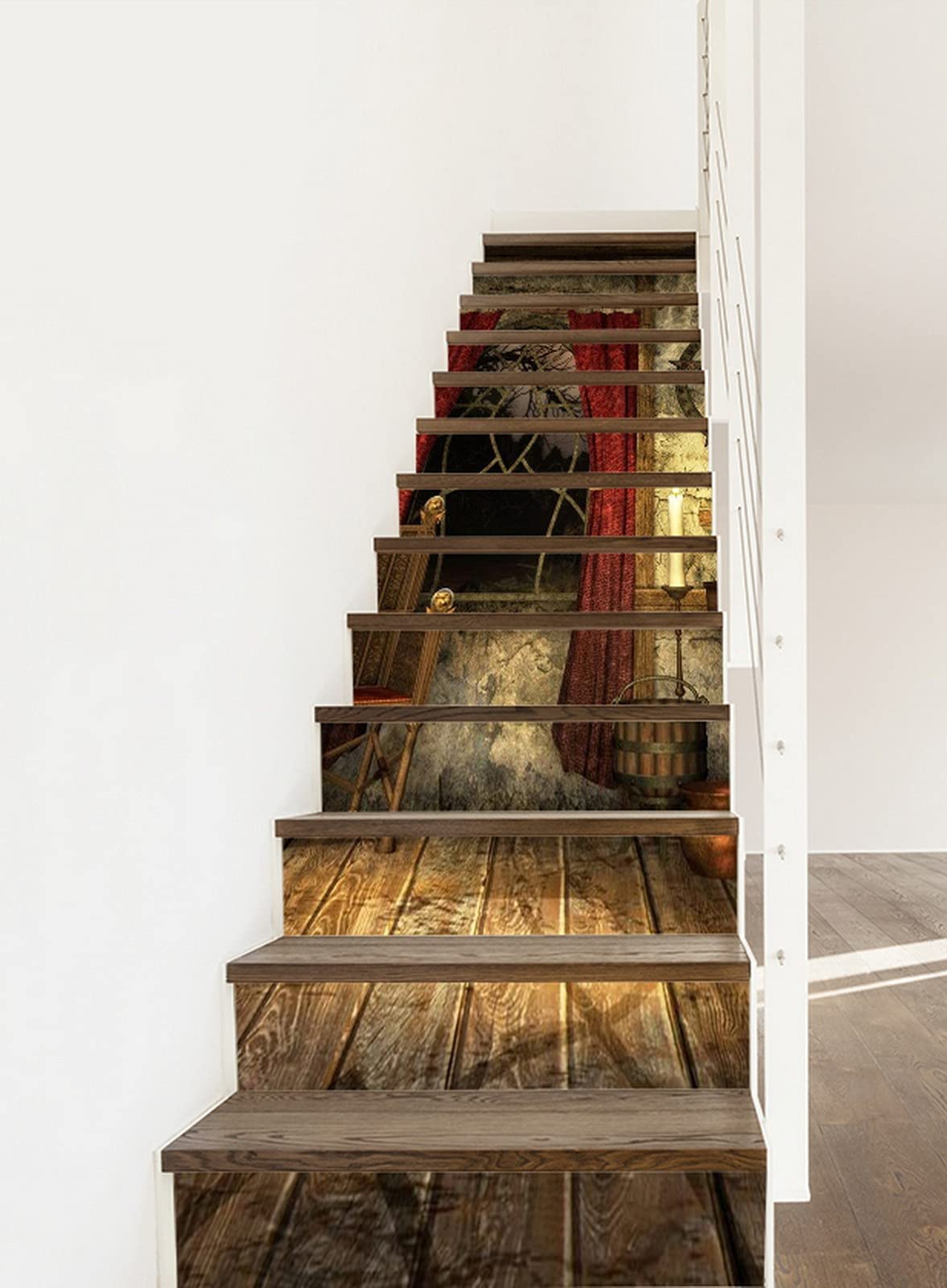 3D Self-Adhesive Removable Stair Stickers - Vintage Medieval House Vinyl Decals for Stair Risers, Kitchen Tiles & Wall Murals (13-Piece Set) - Perfect for Home Decor, DIY Interior Design & Accent Walls