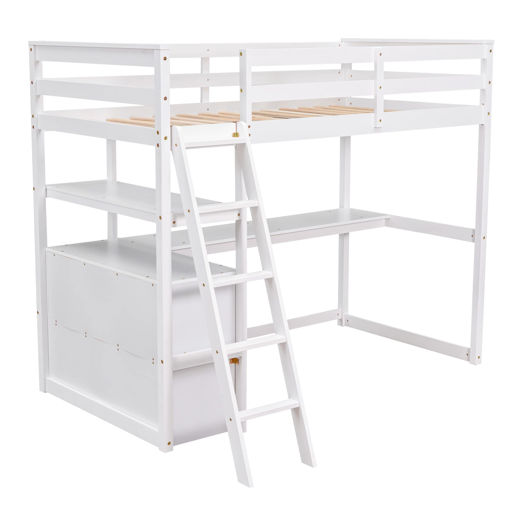 SOFTSEA Twin Size Solid Wood Loft Bed with Built-in Desk, Drawers & Storage Shelves - Multifunctional High Loft Bed for Kids & Teens (Boys/Girls) - Perfect for Small Bedrooms, Dorm Rooms & Space-Saving Kids' Rooms - White