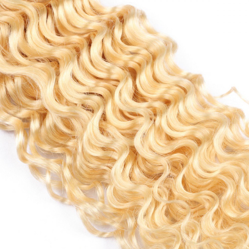 Brazilian Virgin Human Hair 360 Frontal & 3 Bundles - Blonde 613 Deep Wave Pre Plucked Hair Extensions (14/16/18+12 Inch) for Stunning Curly Hairstyles & Everyday Glam Looks