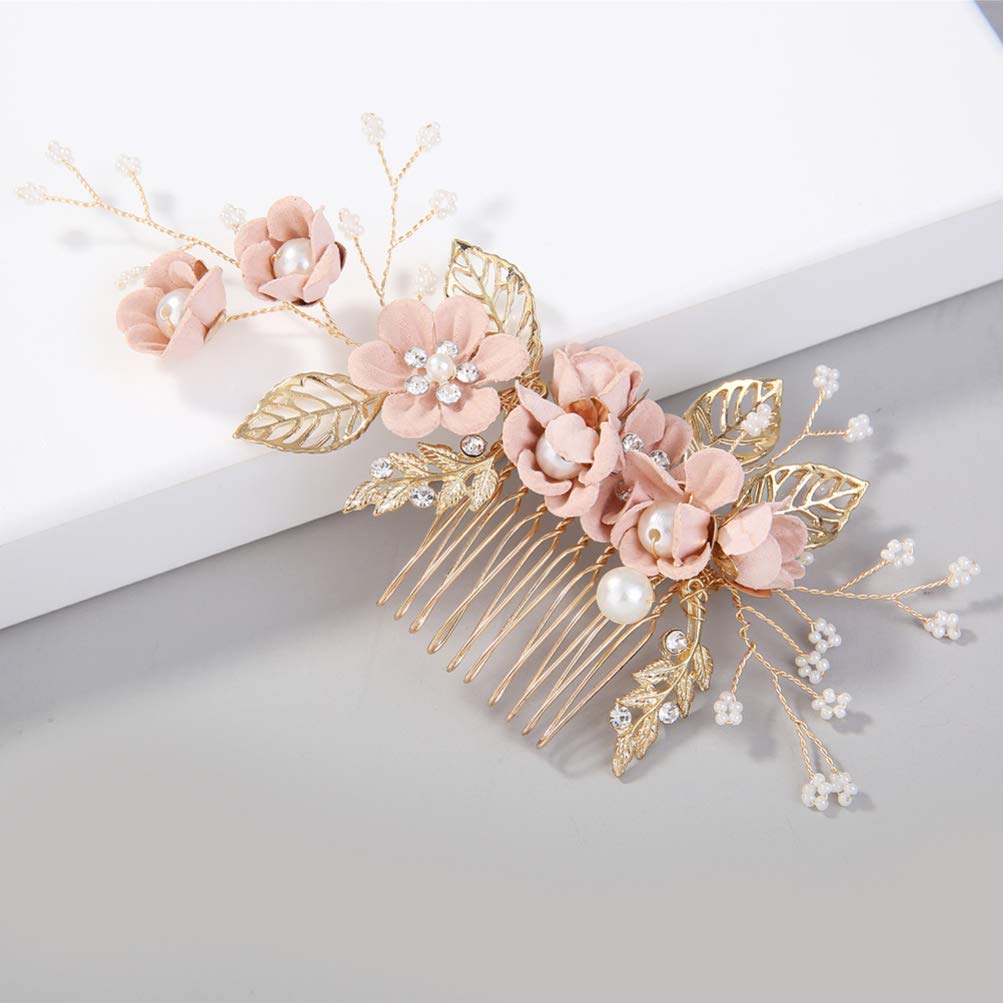 NUOBESTY 4-Piece Rhinestone Crystal Floral Bridal Hair Comb Set - Elegant Wedding Hair Clips & Pins for Brides, Prom, and Formal Events (Pink)