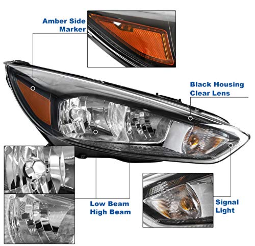Replacement Black Headlights Headlamps Compatible with 2015-2018 Ford Focus S/SE/ST - Durable Aftermarket Headlights for Night Driving & Fog Conditions
