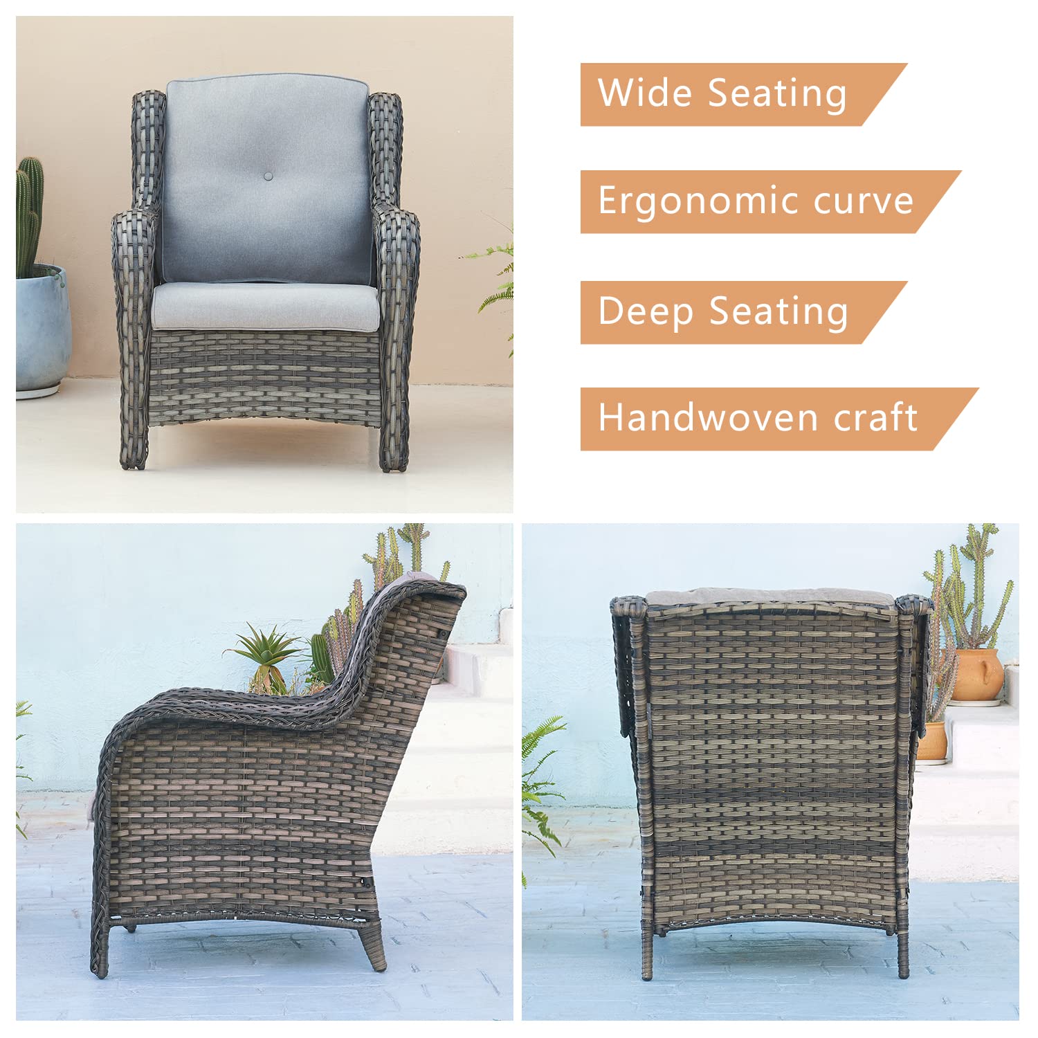 6-Piece Outdoor Patio Wicker Furniture Set - Rattan Sectional Sofa with 3-Seat Couch, 2 Armchairs, 2 Ottomans & Glass Coffee Table - Grey Patio Conversation Set for Backyard, Garden or Poolside Relaxation