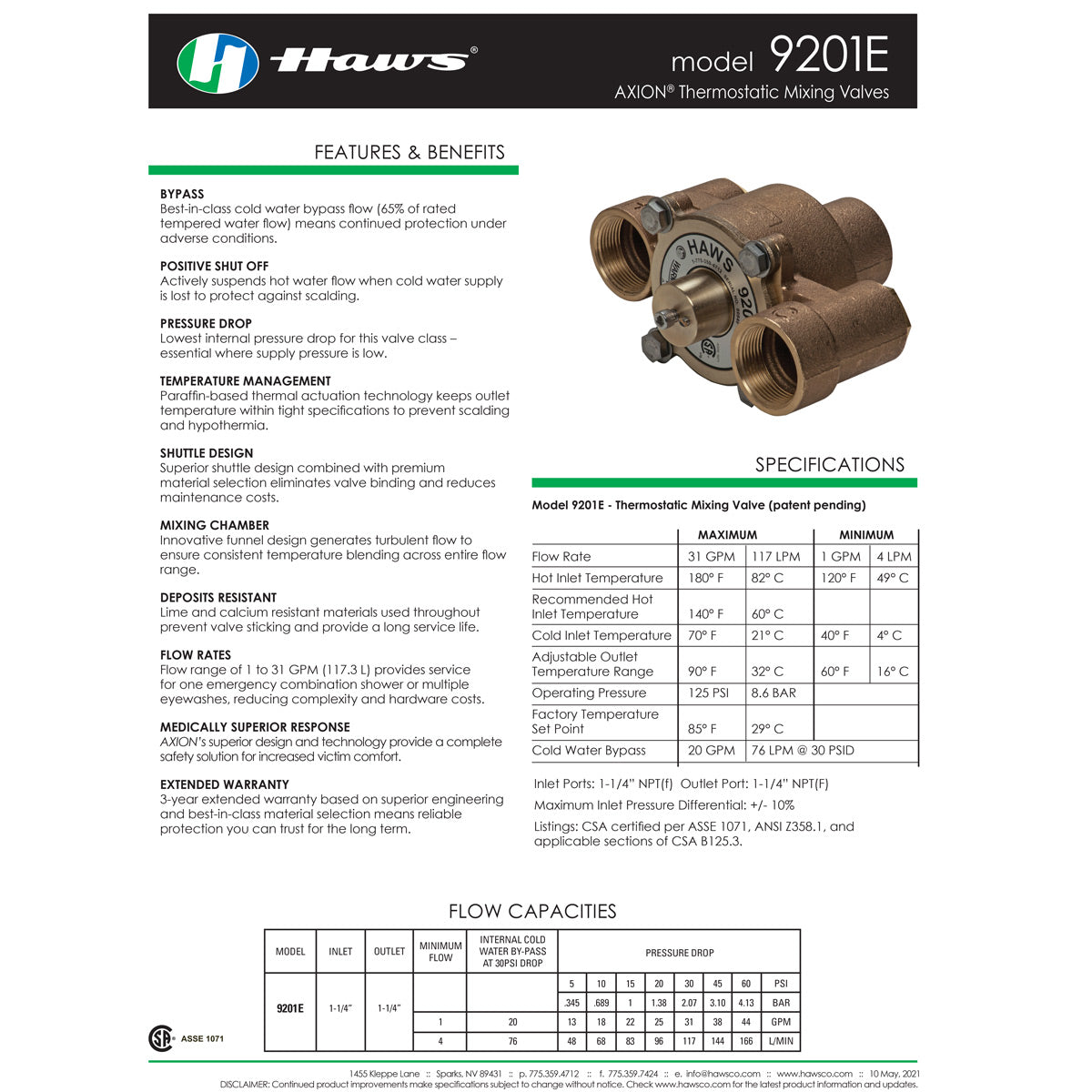 Haws 9201E Thermostatic Mixing Valve for Eyewash Stations - ANSI Compliant Tepid Water Control Valve for Emergency Safety Showers & Eye Wash Stations - Perfect for Laboratories, Factories & Industrial Workplaces