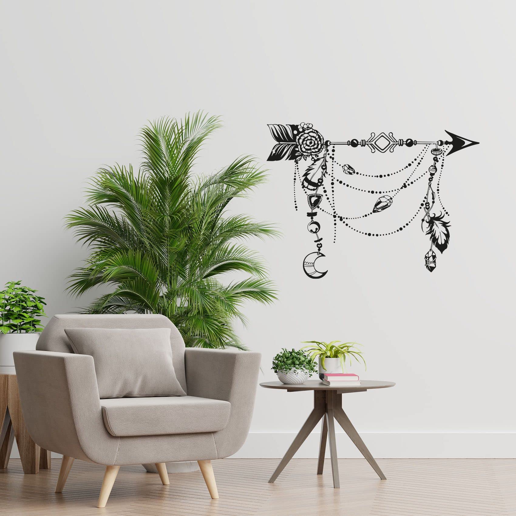 Bohemian Arrow Feather Moon Wall Decal - Modern Boho Abstract Vinyl Sticker Art for Kids Room, Nursery, Bedroom Decor (30x40 inch) | Perfect for Girls & Boys Bedrooms, Playrooms, and Home Accent Walls