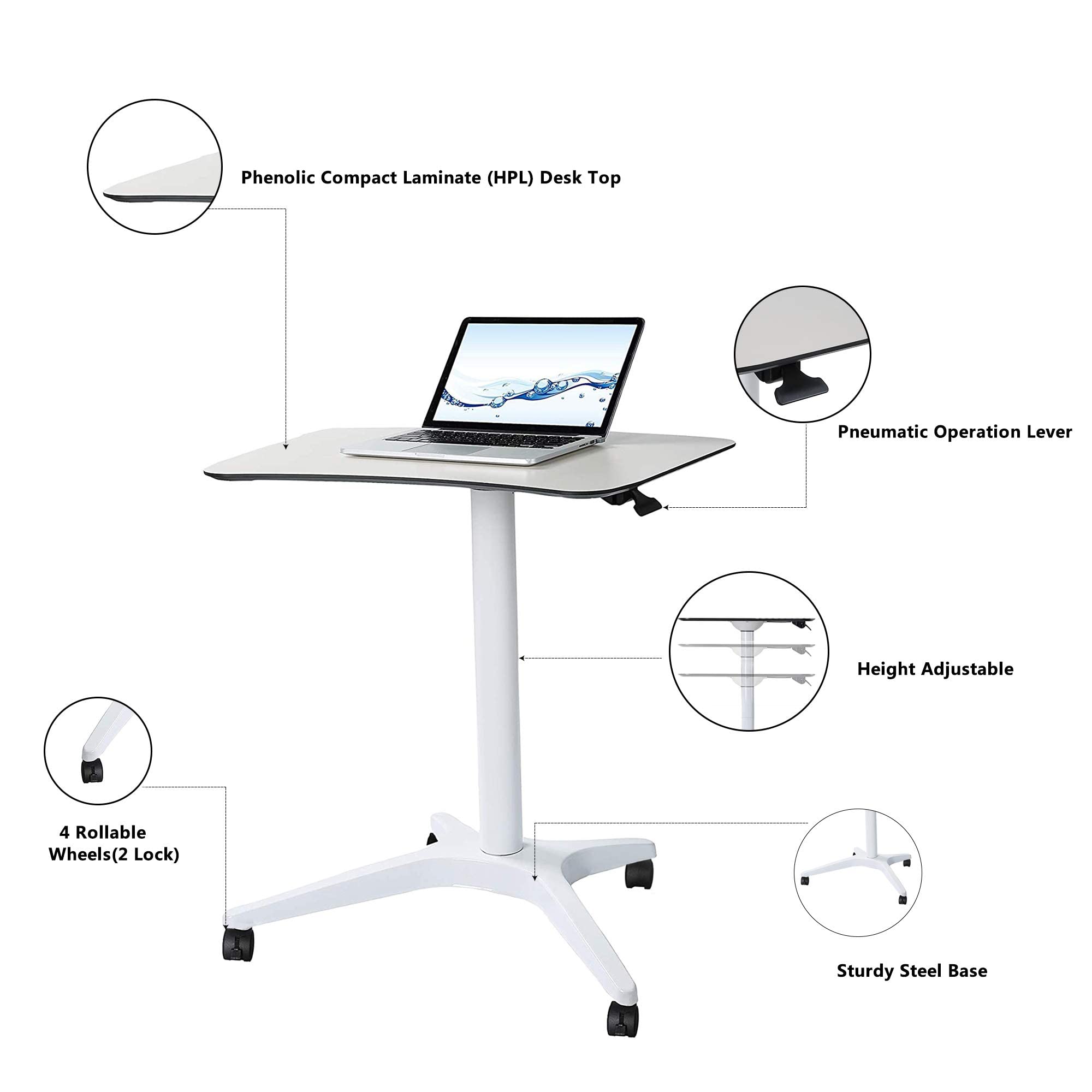 Adjustable Height Mobile Standing Desk with Wheels - Pneumatic Laptop Workstation (29.5