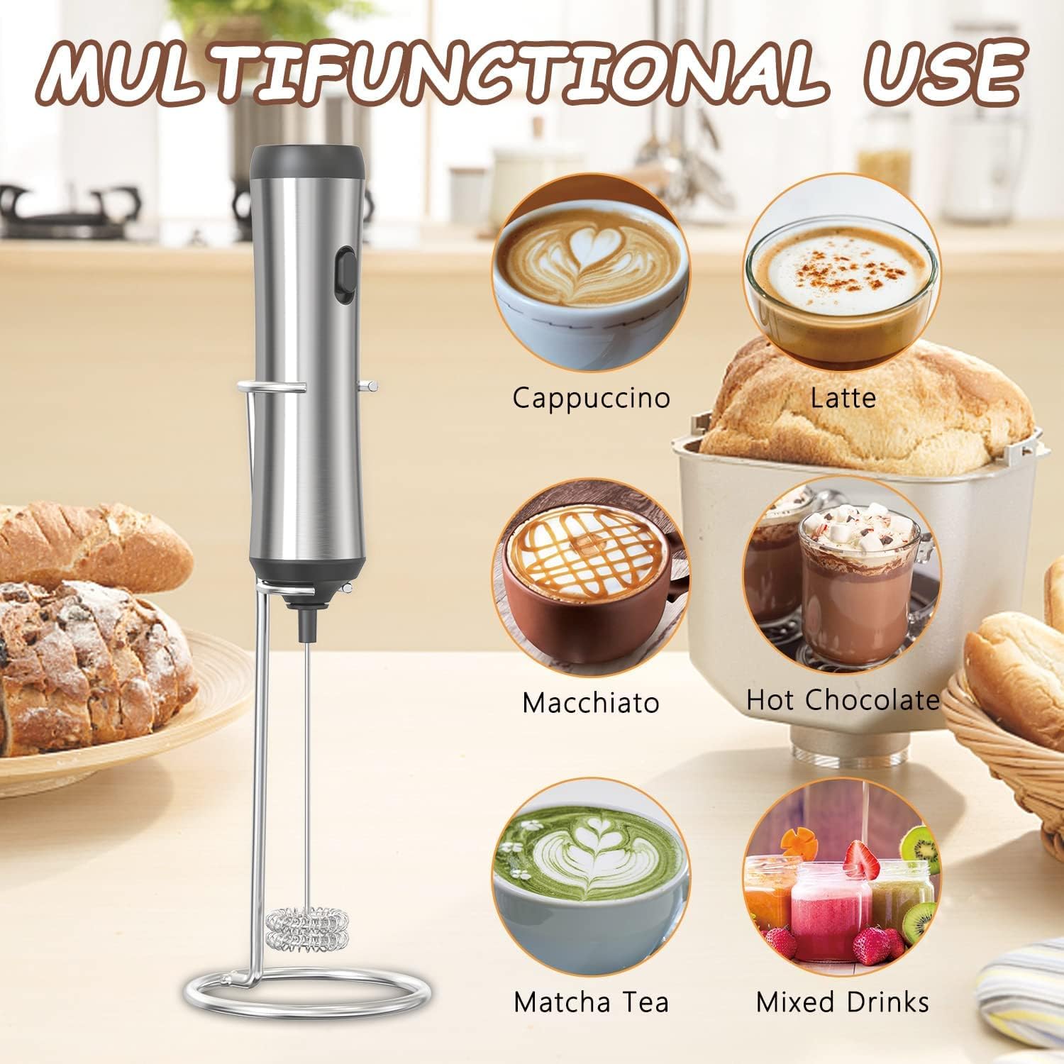 Rechargeable Milk Frother Handheld - Electric Coffee Mixer with Stand & Detachable Stainless Steel Whisk for Lattes, Cappuccino, Matcha - Perfect for Home, Office & Coffee Shops (Stainless Steel)