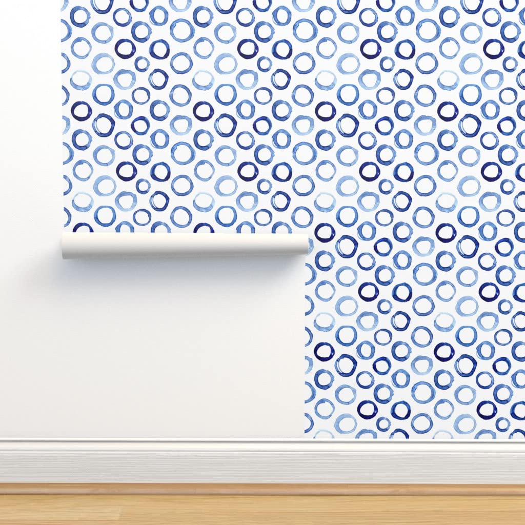 Commercial Grade Wallpaper 27ft x 2ft - Blue Watercolor Circles Abstract Geometric Design | Peel & Stick Removable Wallpaper for Kitchen, Bathroom, Nursery & Office Decor | Spoonflower