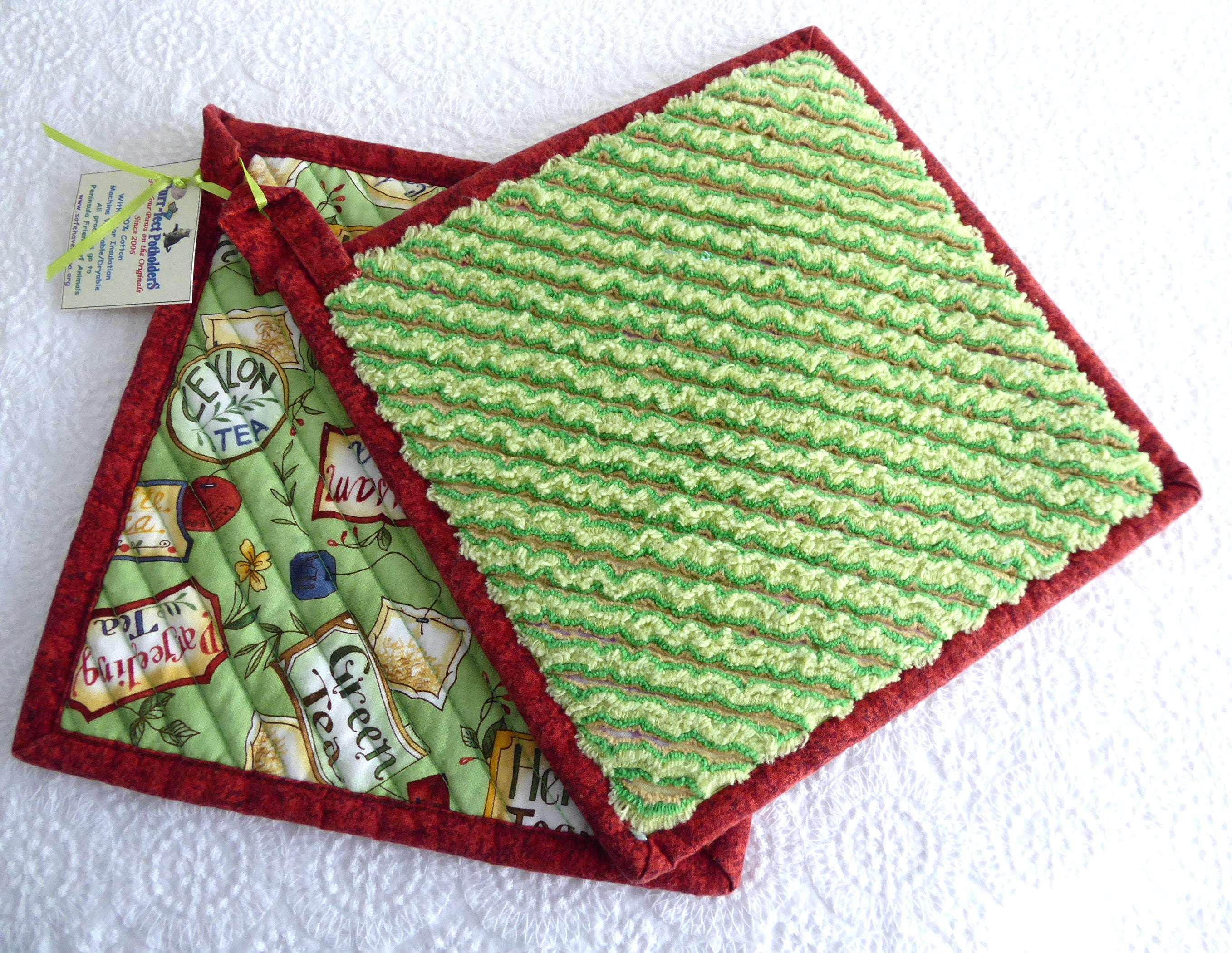 Handmade Green Rust Tea Themed Padded Pot Holders Set of 2 - Heat Resistant Kitchen Mitts for Baking, Cooking & Tea Time - Supports Animal Charity