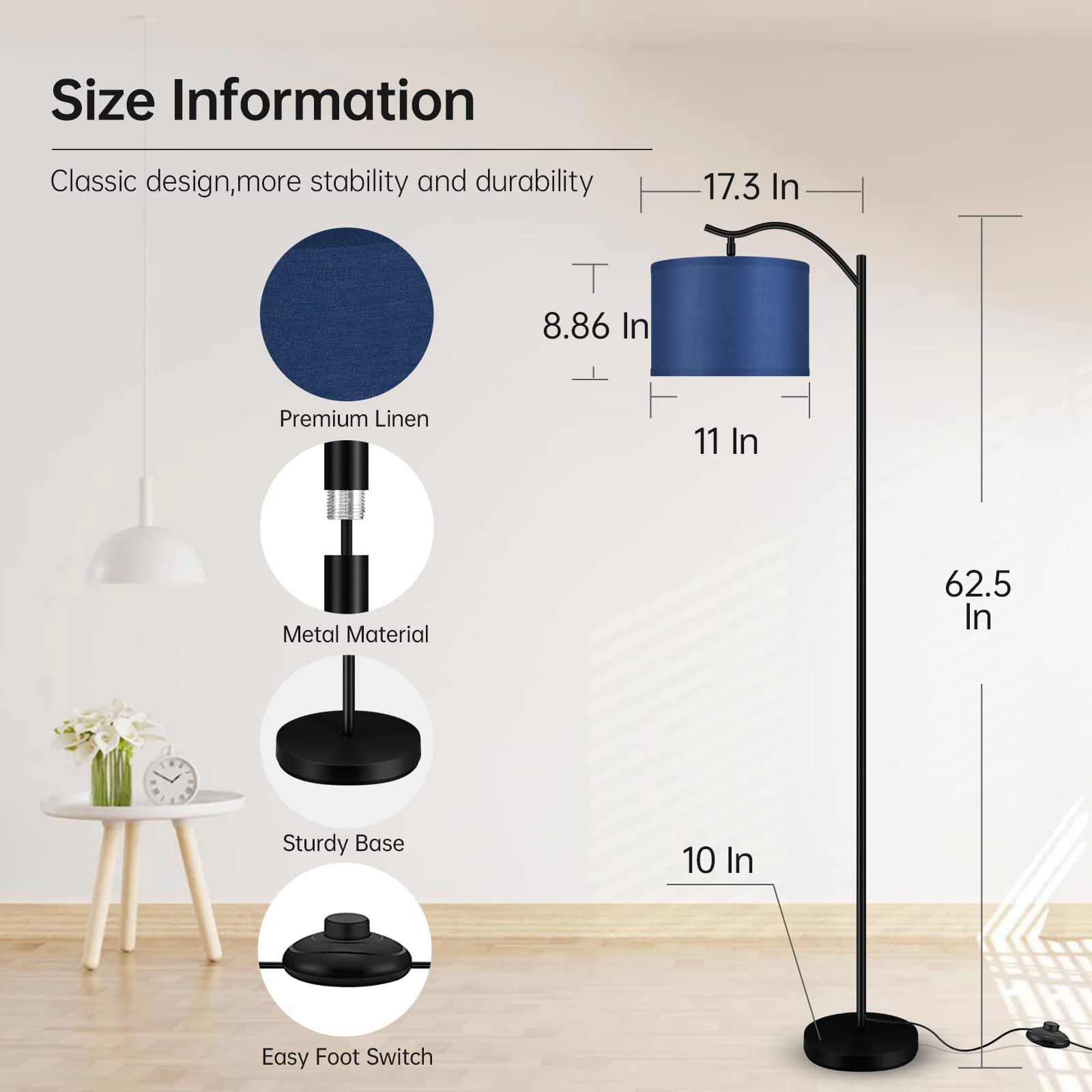 Modern LED Arched Floor Lamp with Blue Linen Shade - Tall Standing Light for Living Room, Bedroom, Office & Corner - E26 Socket & Footswitch - Mid Century Design for Home Decor & Reading Nook