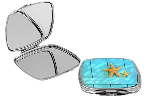Sam Sandor Square Compact Mirror - Starfish Design on Blue Rustic Door, Portable Personal Makeup Mirror for Travel, Home, and Office Use
