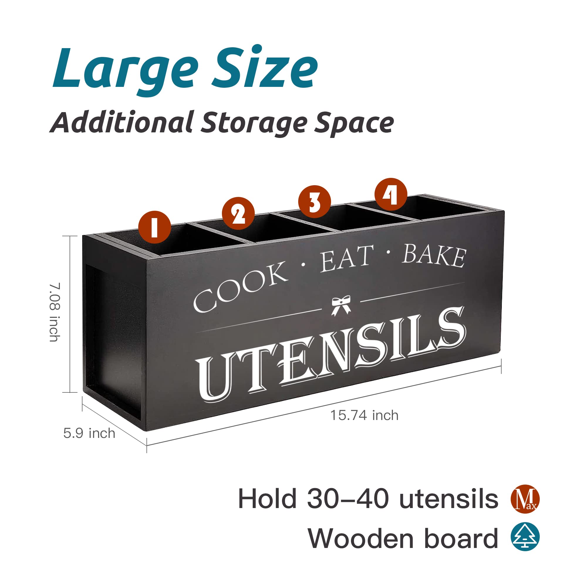 Extra Large Wooden Kitchen Utensil Holder with 4 Compartments - Rustic Farmhouse Countertop Organizer for Cooking Tools, Spoons & Spatulas - Black - Perfect for Kitchen Counter Organization & Farmhouse Style Decor