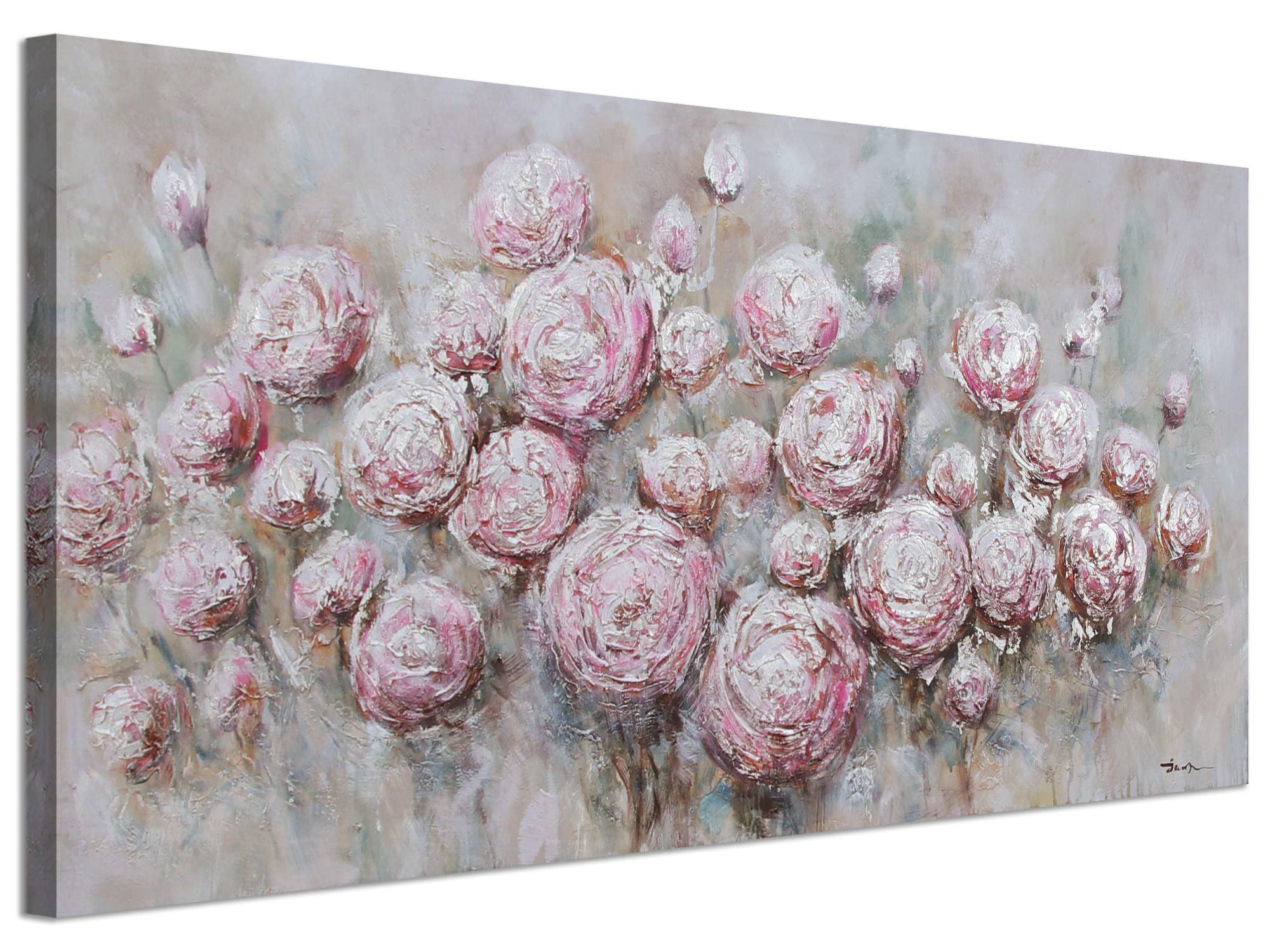 Anolyfi Pink Flowers Canvas Wall Art - Abstract Rose Painting with Silver Textures, Stretched Framed Artwork (48x24 inches) for Bathroom, Bedroom, Dining Room, Living Room & Office Decor | Perfect for Modern Home Wall Decoration & Gift Ideas