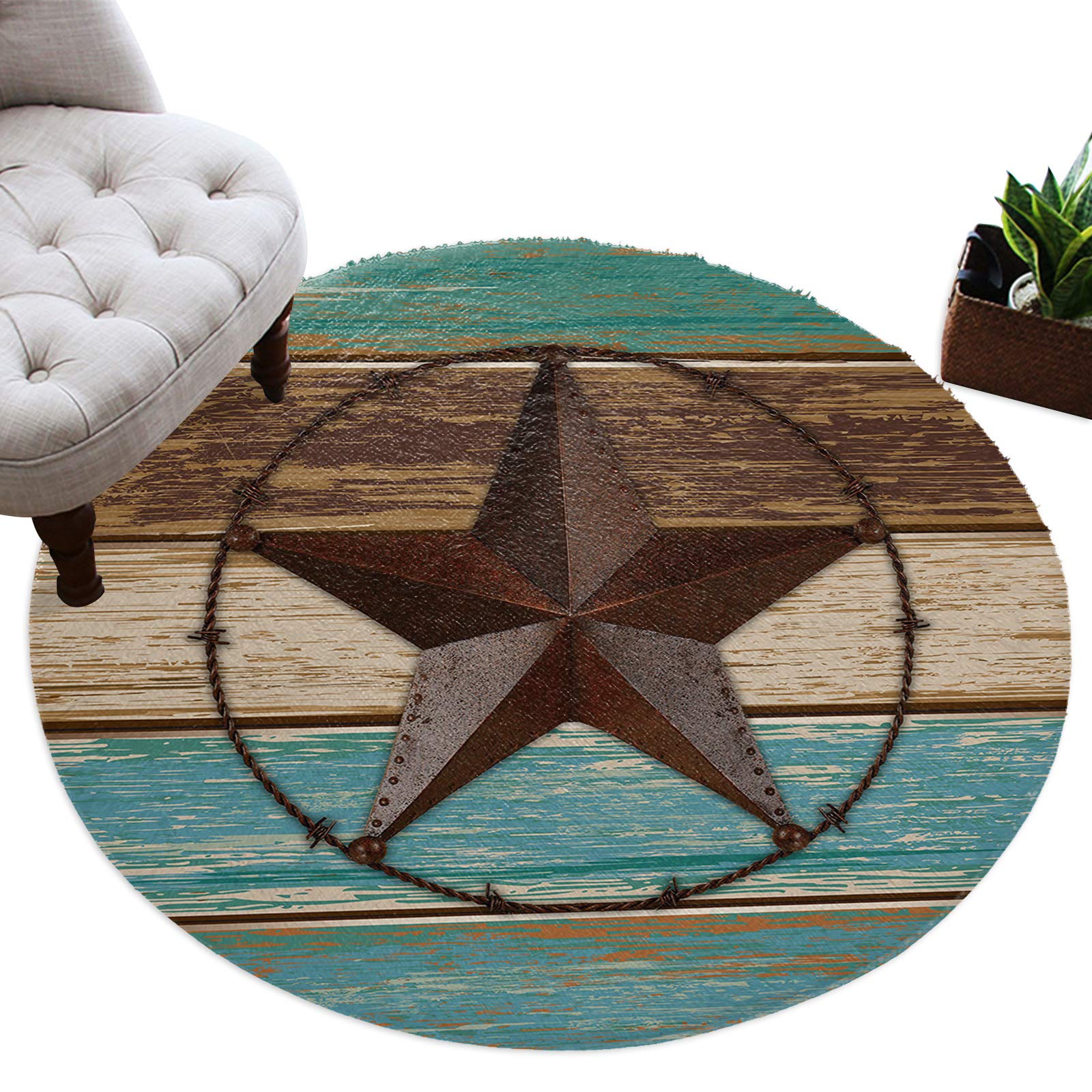 Fluffy Round Area Rug 4ft - Western Texas Star Design, Plush Shaggy Soft Circular Carpet, Non-Slip Fuzzy Accent Floor Mat for Living Room, Bedroom, Nursery - Home Decor in Teal & Brown (Perfect for Cozy Spaces, Kids Play Areas & Western-Themed Interiors)