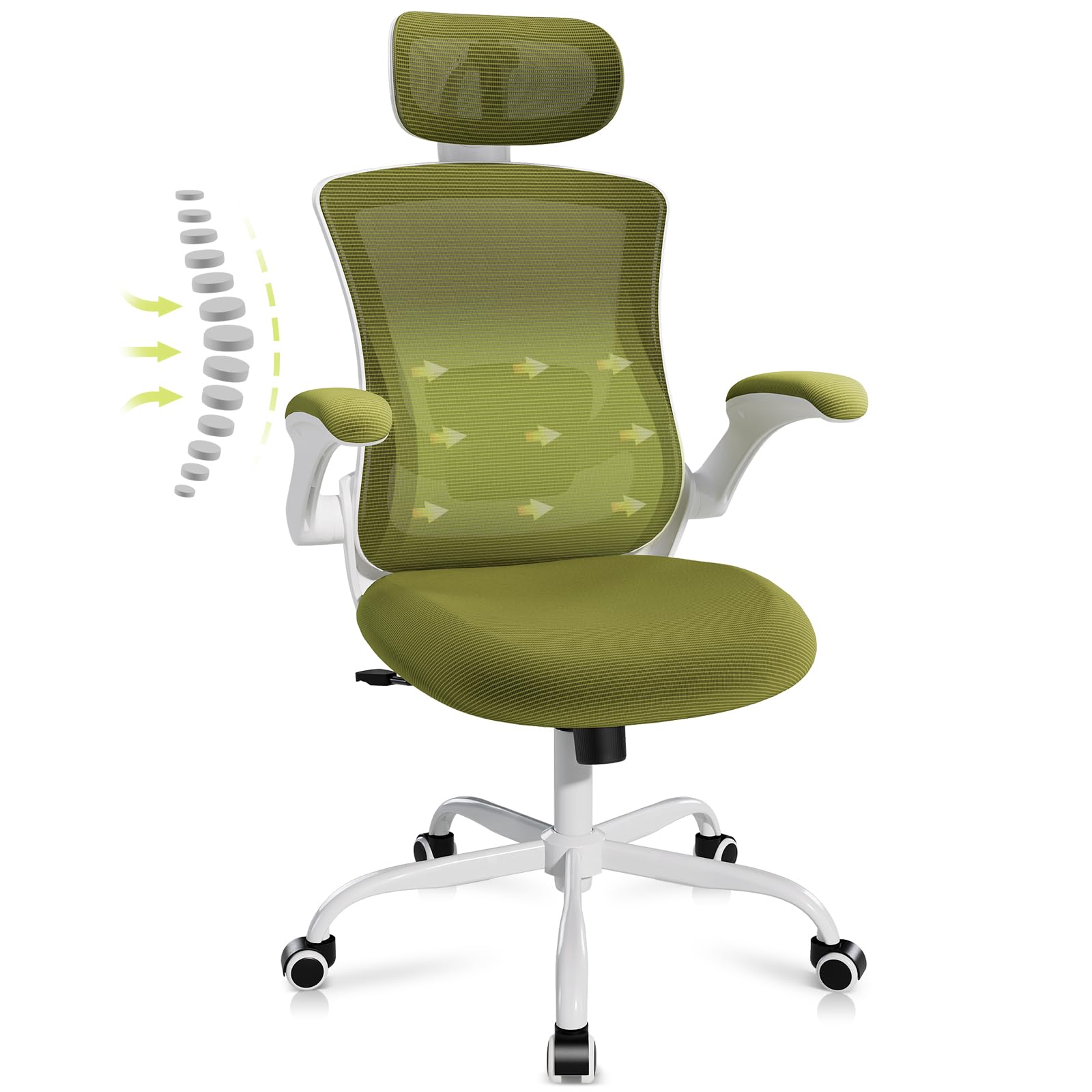 Ergonomic Office Chair with Adjustable Lumbar Support & Headrest - High Back Mesh Computer Desk Chair with Flip-Up Armrests - Breathable & Comfortable for Home Office, Gaming & Study - Green - Perfect for Long Work Hours & Remote Work