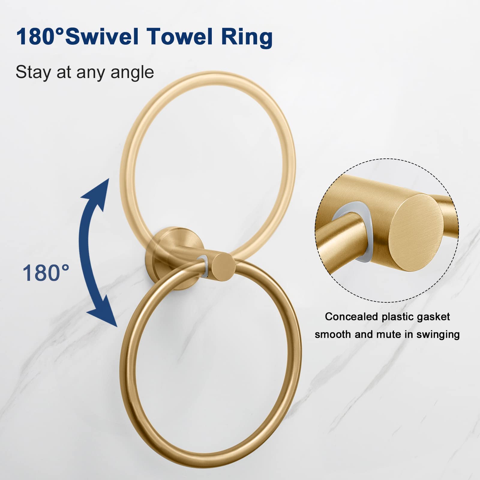 NearMoon 4-Piece Bathroom Hardware Set - Brushed Gold Stainless Steel Towel Ring, Toilet Paper Holder & 2 Robe Hooks - Wall Mounted Bath Accessories for Modern Home Decor (Perfect for Bathroom, Powder Room & Spa Style Vanity)