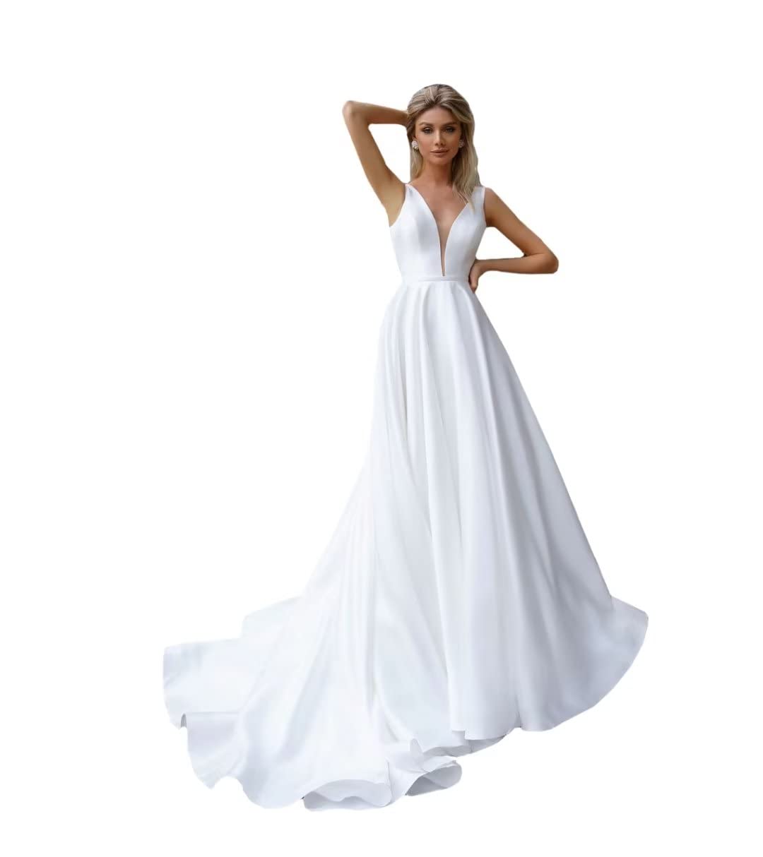 Elegant Mermaid Wedding Dress Satin Sweep Train V Neck Backless Beach Bridal Gown for Beach Wedding, Destination Ceremony, and Romantic Photoshoots