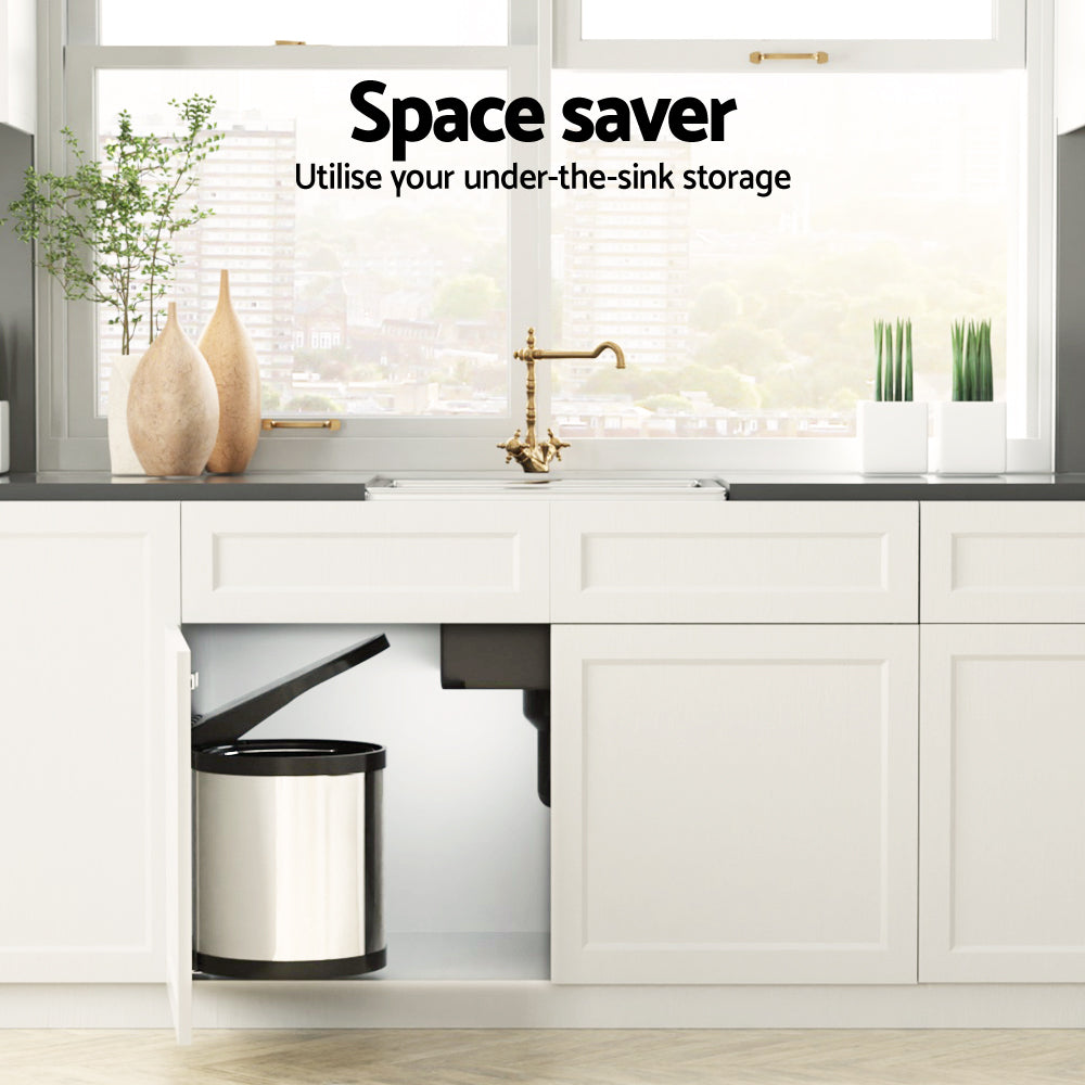 Cefito 12L Stainless Steel Swing Out Pull Out Trash Can for Kitchen - Space Saving Garbage Bin for Under Sink Cabinet, Pantry, or Office Use