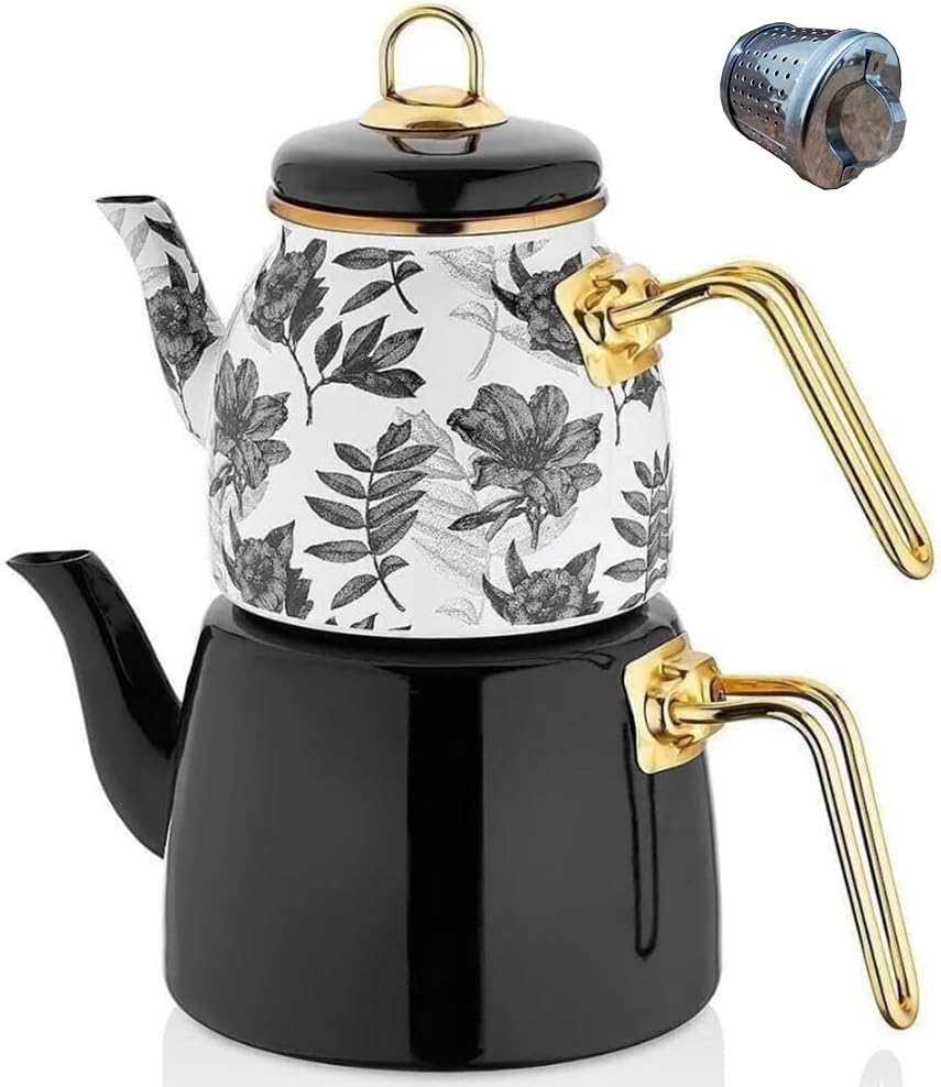 Vintage Turkish Tea Set - Enamel Stovetop Teapot with Infuser, 2 Cups & Strainer - Floral Black & White Decor for Loose Leaf Tea - Perfect for Home, Kitchen, Party & Gift Giving