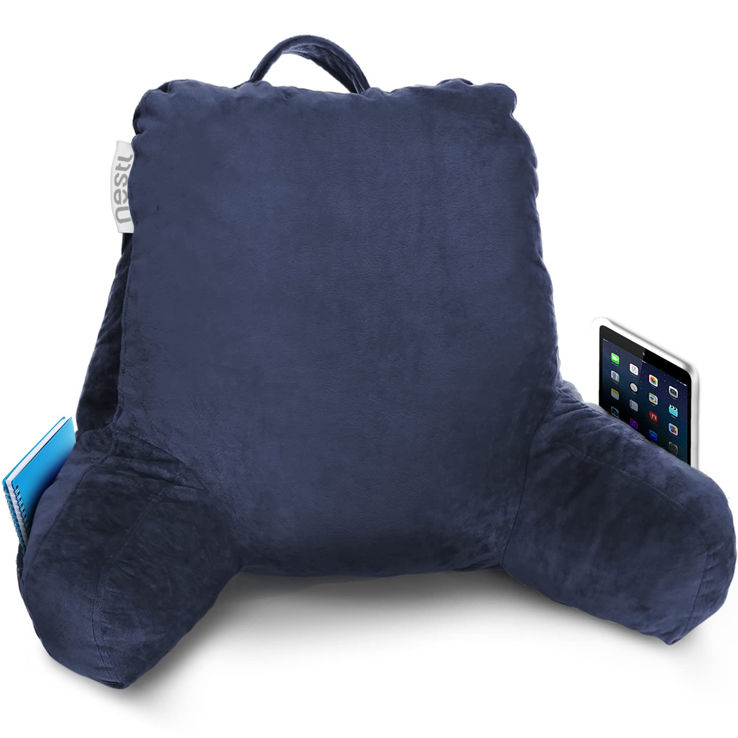 Nestl Reading Pillow with Shredded Memory Foam - Standard Bed & Back Support Pillow for Sitting in Bed, Armchair or Sofa - Navy Blue Comfort Pillow with Pockets - Perfect for Reading, Relaxing, Watching TV & Lounging