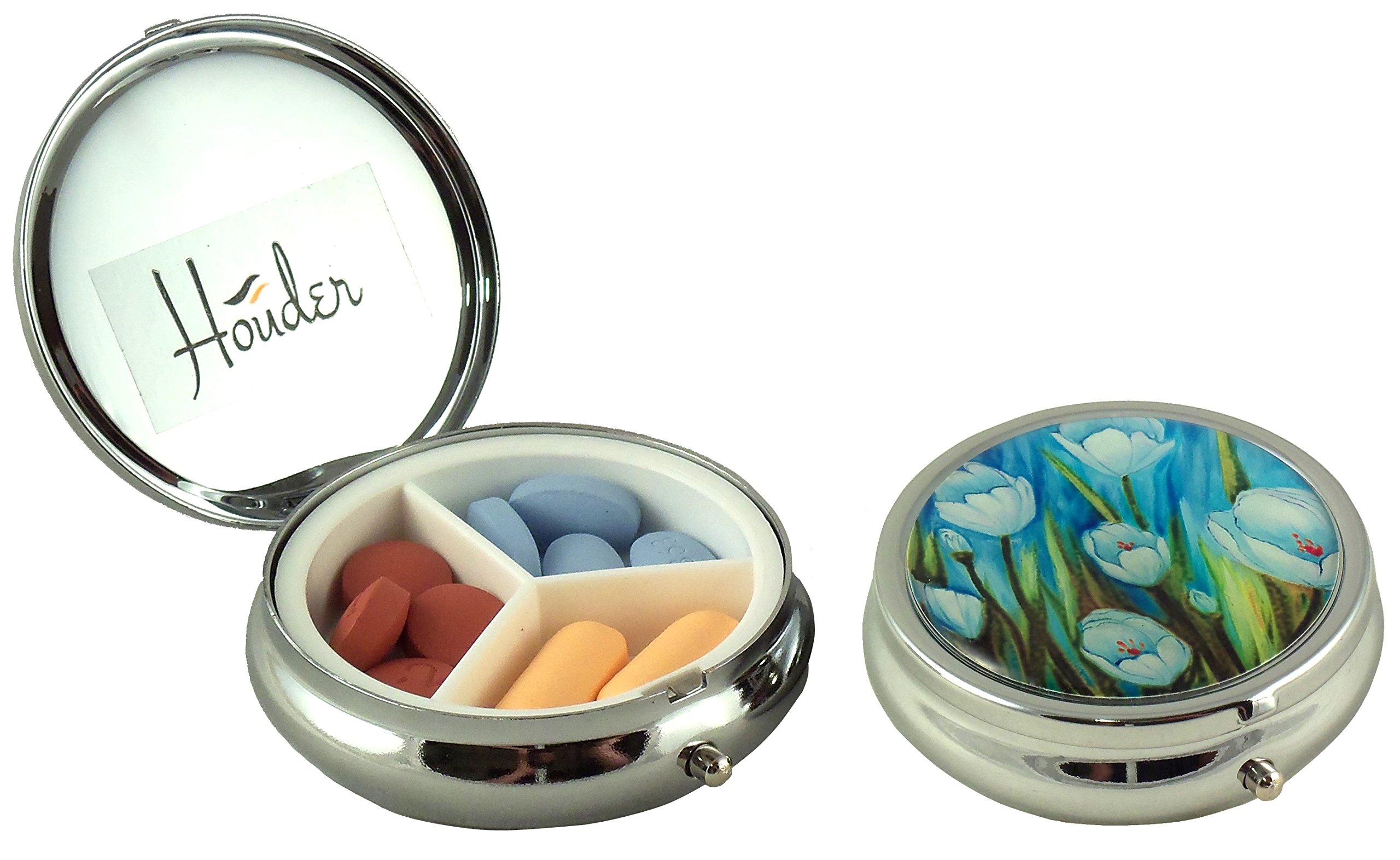 Houder Designer Pill Organizer - Stylish Decorative Pill Case with Gift Box for Daily Medication Storage - Perfect for Travel, Work, and Home Use (Tulip Pattern)