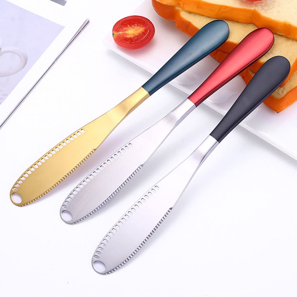 Premium Stainless Steel 3-in-1 Butter Knife - Serrated Edge Butter Spreader with Cheese Grater & Slicer for Kitchen, Dining & Entertaining (Random Color, Pack of 1) - Perfect for Breakfast, Brunch, Cheese Boards & Food Prep