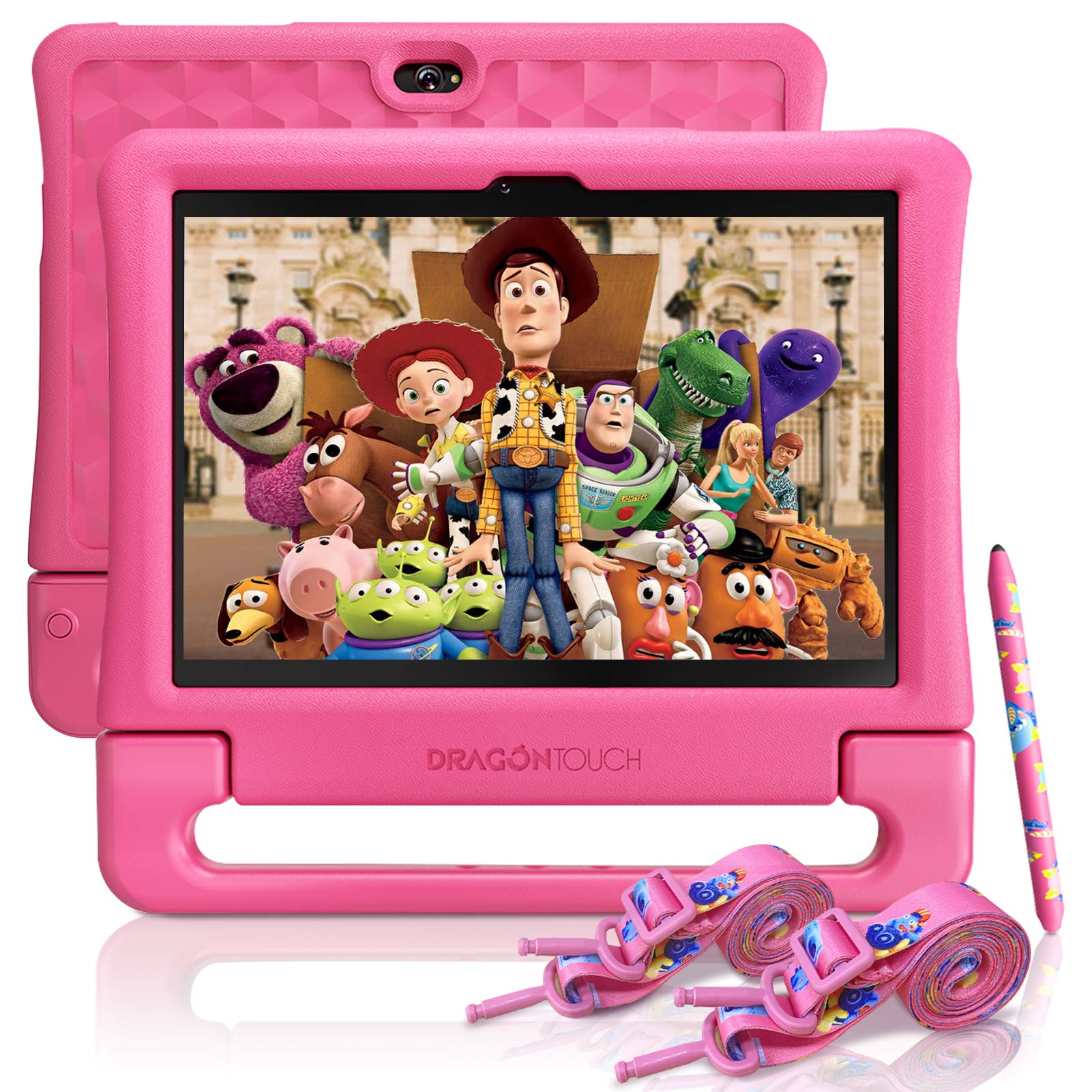 10 Inch Kids Tablet with IPS HD Display - Android Tablet 32GB Storage, 2GB RAM, Quad Core Processor | Pre-Installed KIDOZ, Kid-Proof Case, Shoulder Strap & Stylus | WiFi Only Pink | Perfect for Learning, Games & Travel Entertainment