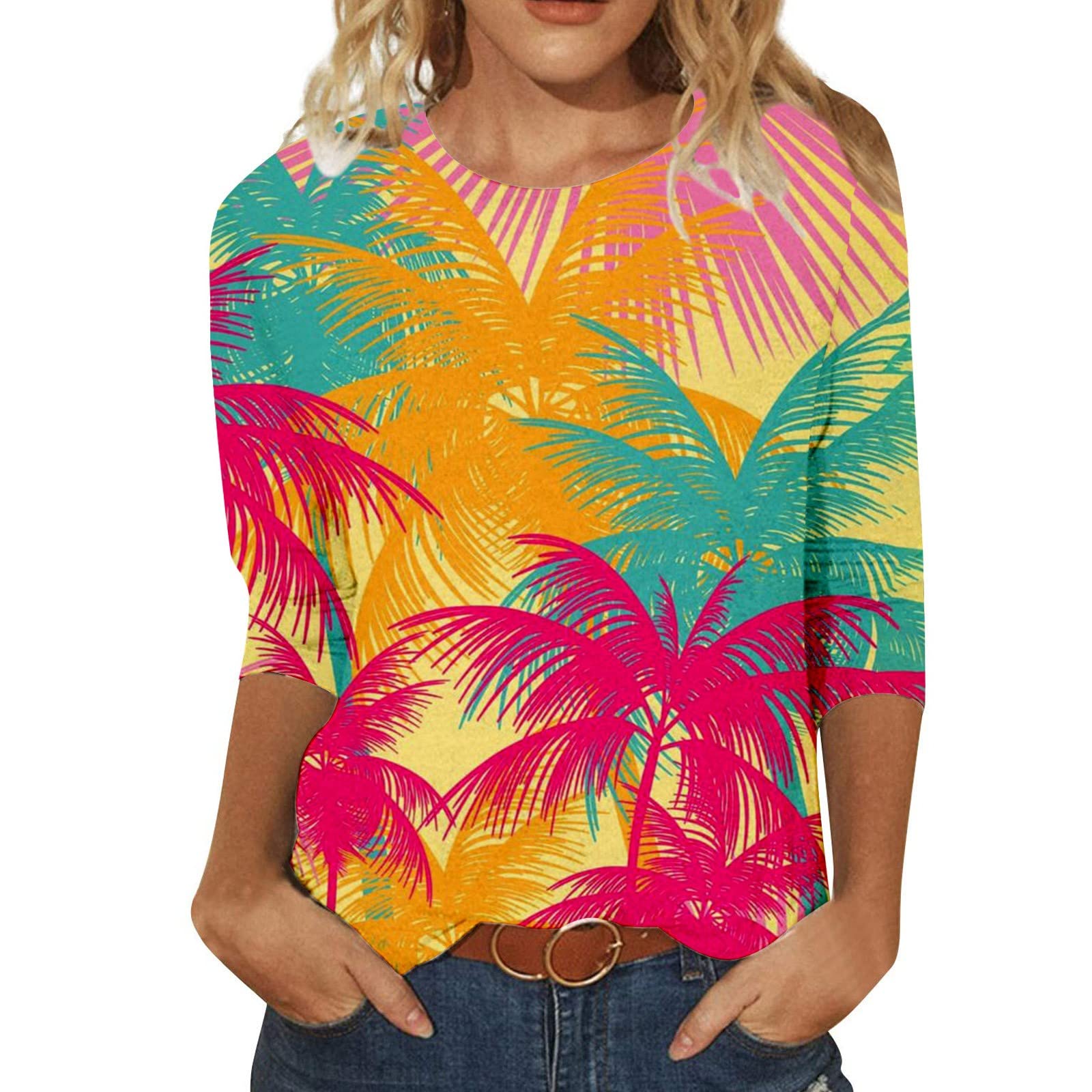Women's Floral Printed 3/4 Sleeve Crew Neck T-Shirt - Breathable Workout Top for Yoga, Gym & Casual Wear - Loose Fit Comfortable Tee for Women