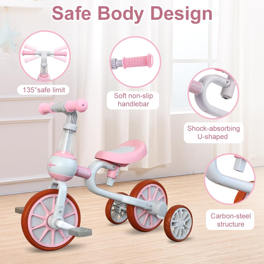 **XiaPia 3-in-1 Toddler Bike for 2-4 Year Olds - Adjustable Seat, Detachable Pedals & Training Wheels - Kids Balance Bike & Tricycle - Perfect for Indoor & Outdoor Play - Ideal Christmas & Birthday Gift (Pink)**