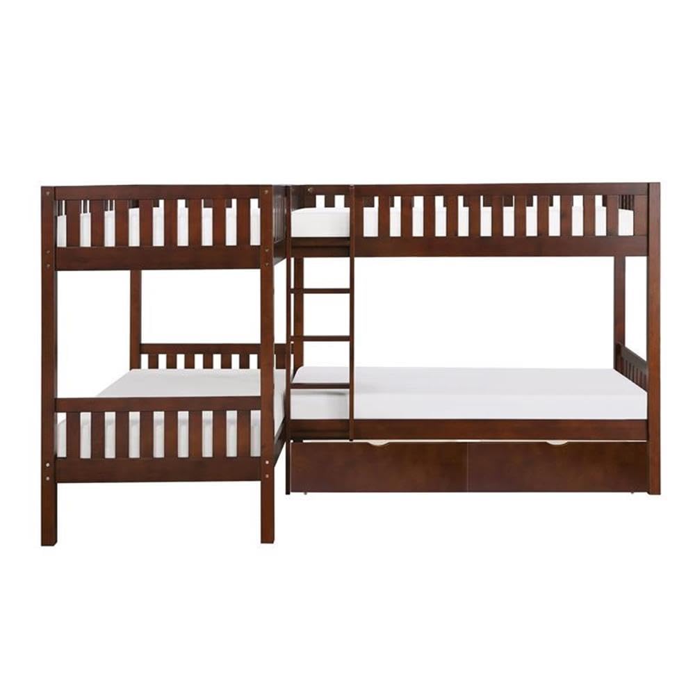 Lexicon Rowe Transitional Wood Corner Bunk Bed with Storage Boxes in Dark Cherry - Space Saving Kids Bedroom Furniture for Small Rooms & Shared Bedrooms