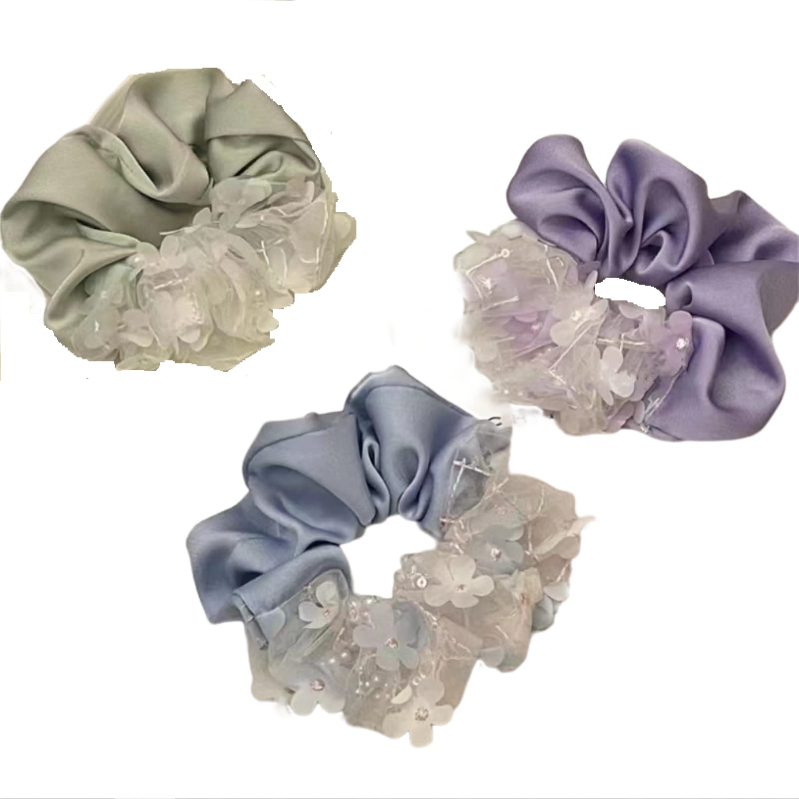 3 Pack Silk Scrunchies for Women - Pearl Flower Hair Ties, Thick Elastic Hair Bands for Ponytails, Buns & Braids (Perfect for Summer, Weddings & Everyday Use)
